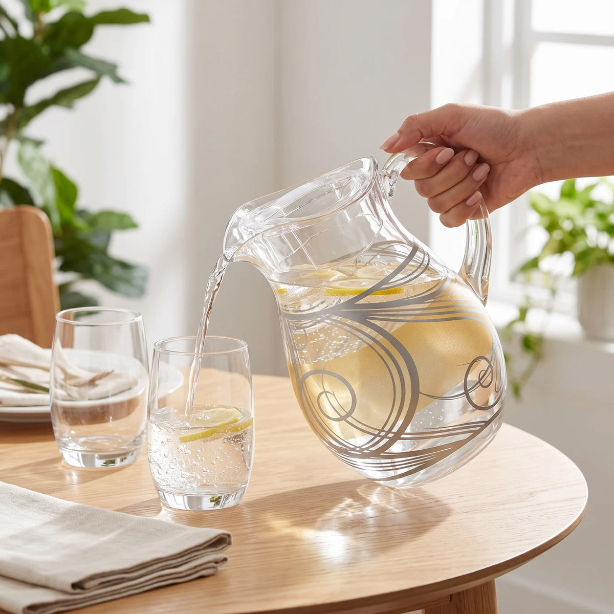Acrylic Pitcher with Lid 2.5 Liters – Clear Jug with Gold & Silver Decorative Pattern, Large Handle and Pouring Spout for Water and Juice Serving