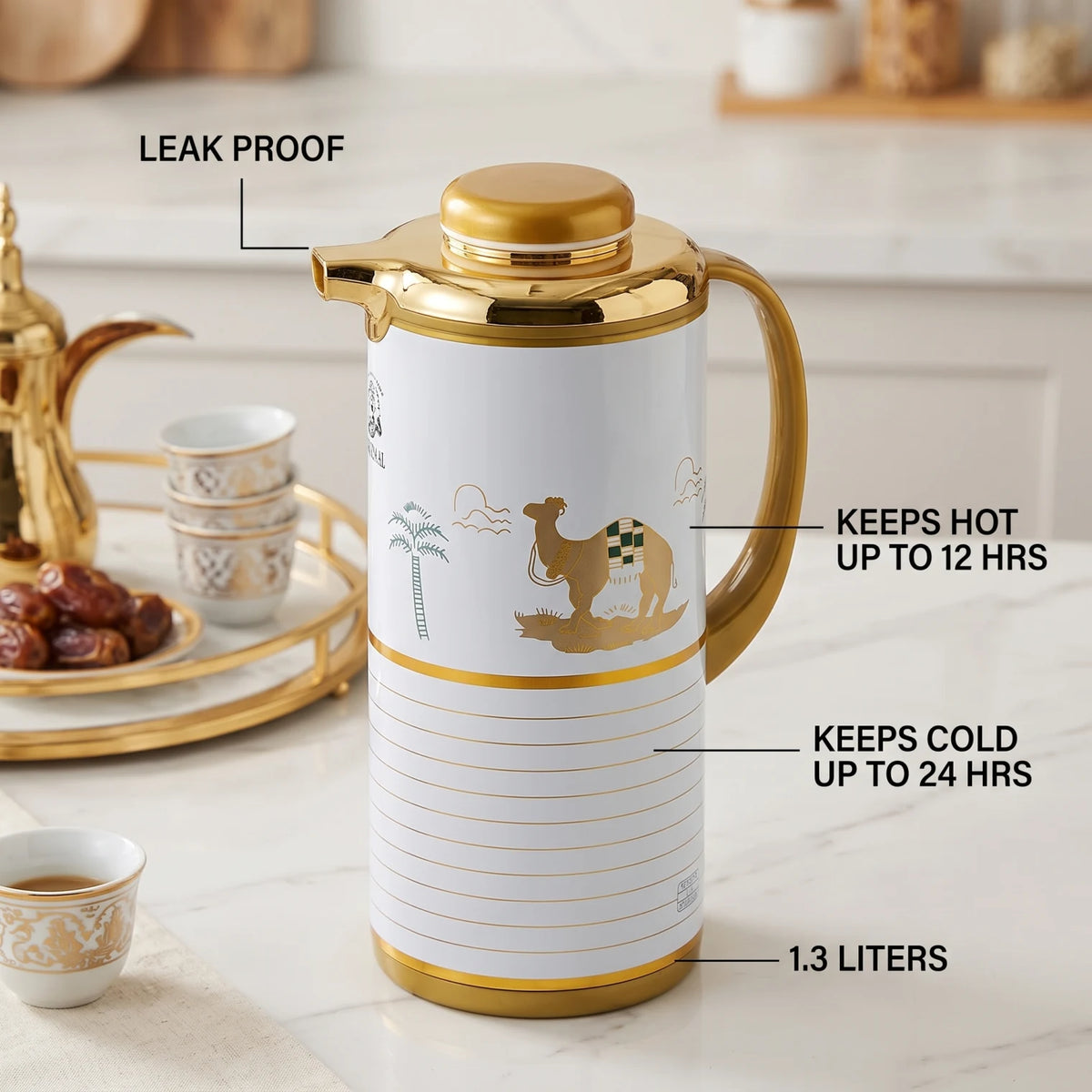 SIMBA MKUBWA Vaccum Jug 1.3 Liters – Gold & White | Arabic Heritage Camel & Palm Tree Design, Leak Proof Tea & Coffee Jug