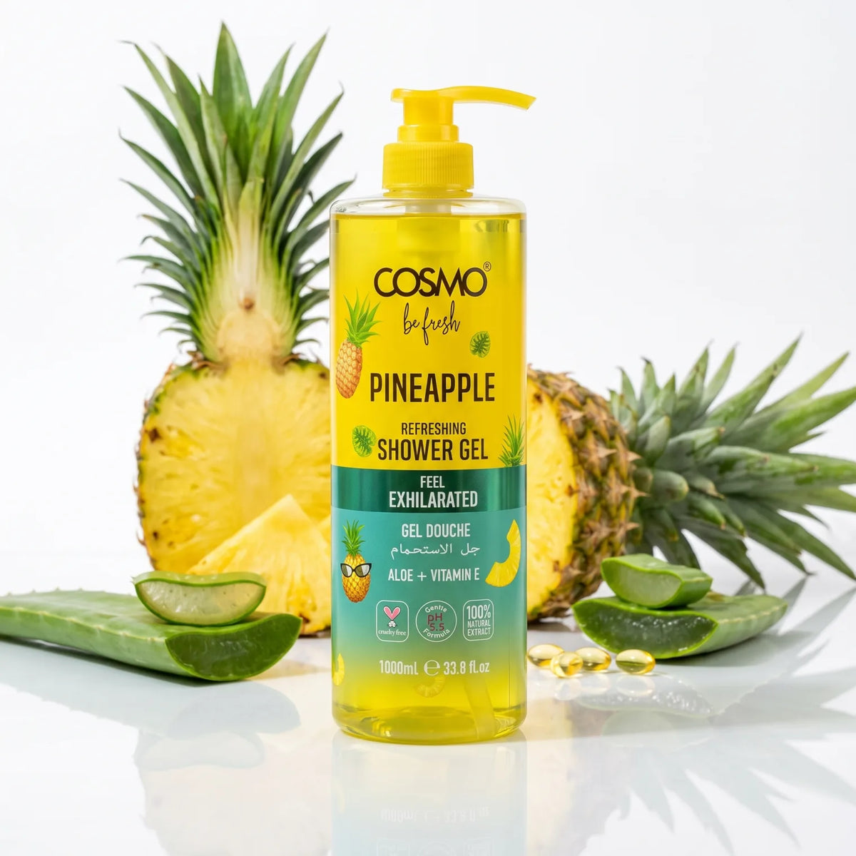 COSMO be fresh Pineapple Shower Gel 1000mL – Aloe + Vitamin E, pH 5.5 Formula, Natural Extract