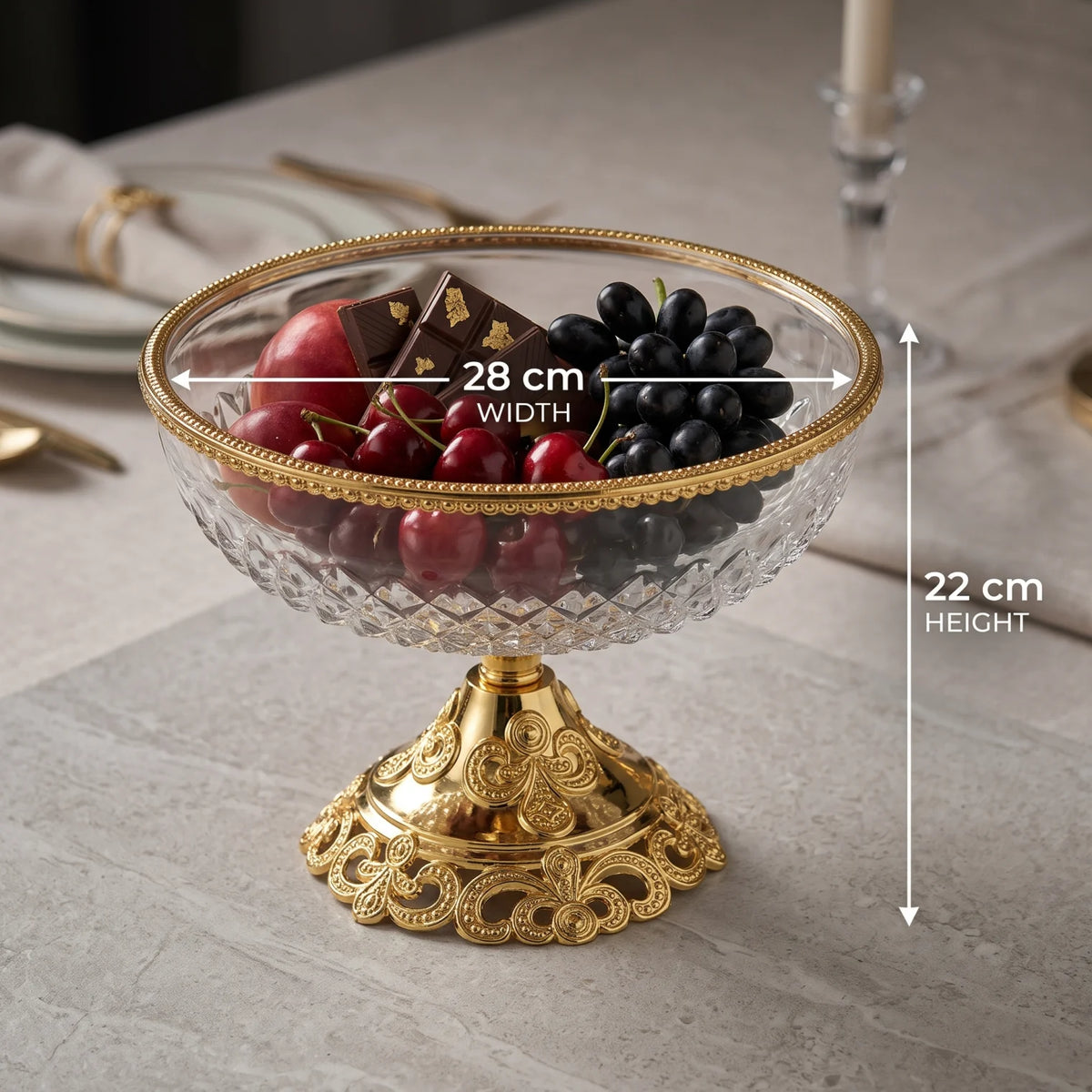 Glass Serving Bowl 28 cm × 22 cm – Elevated Pedestal Design | Faceted Clear Glass with Decorative Metal Base and Rim - Gold - Image 2