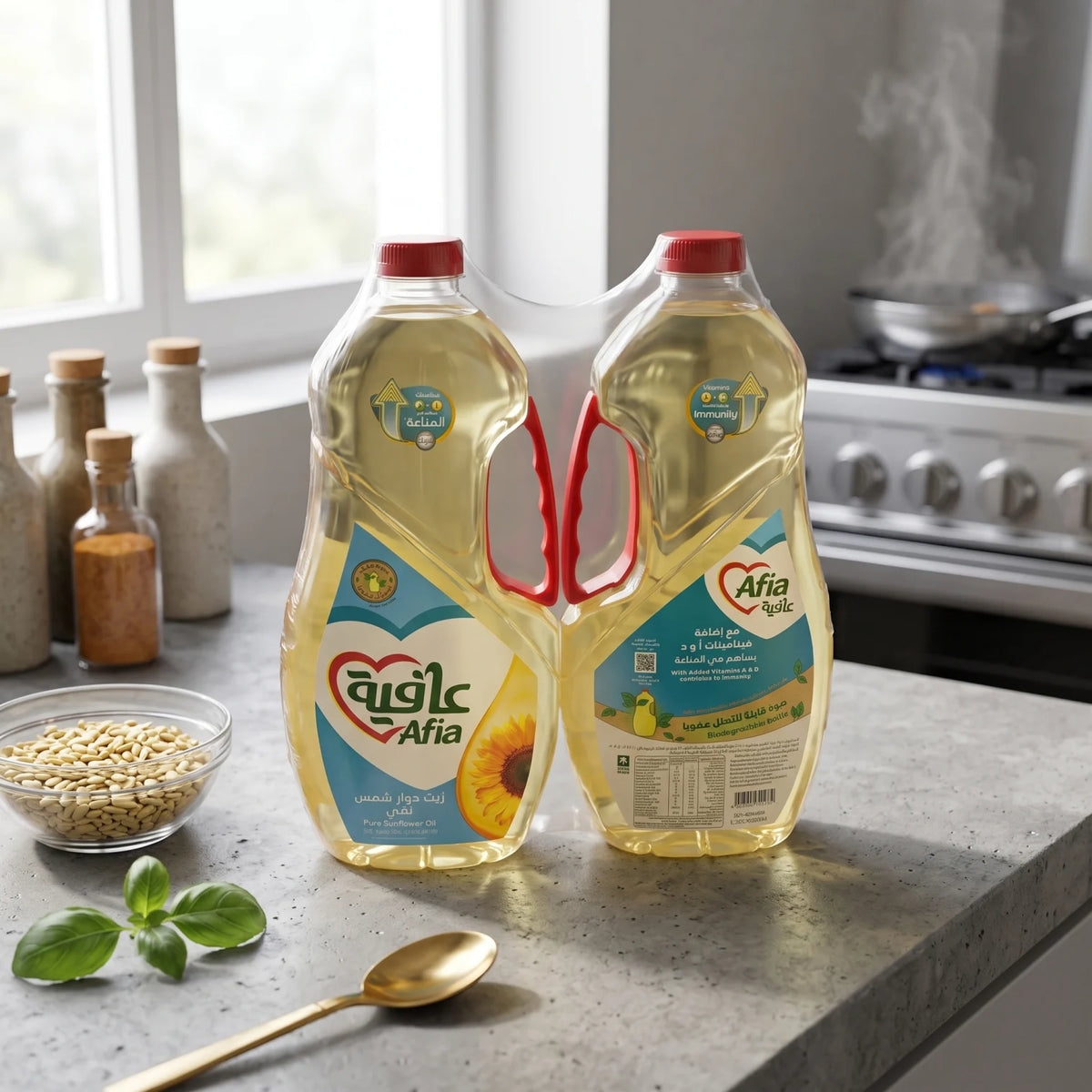 Afia Pure Sunflower Oil – 2 x 1.5 L Bottles | 100% Pure Oil with Vitamins A & D, Zinc and Biodegradable Bottles