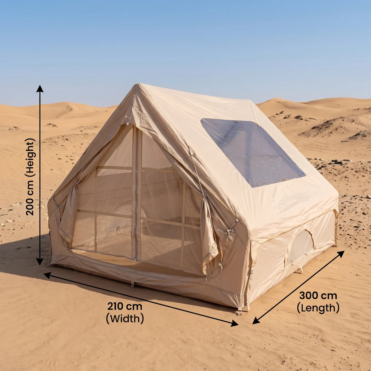 Large Beige Inflatable Tent for Camping – 200 x 210 x 300 cm Peaked Roof Shelter with Large Side Window and Fabric Panels