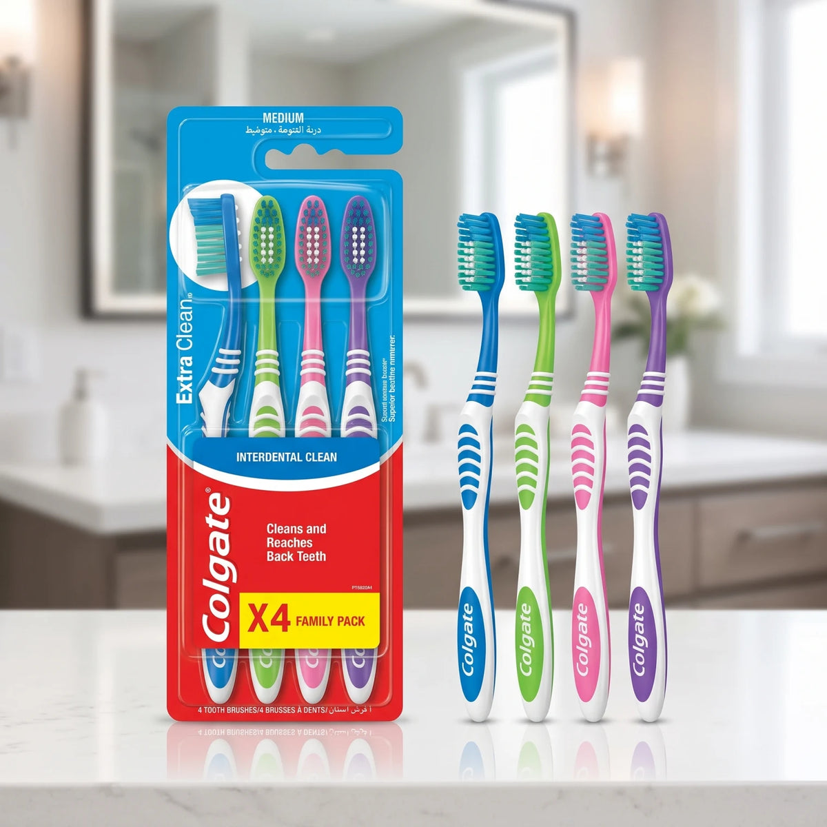 Colgate Interdental Clean Medium Toothbrushes 4 Pack – Assorted Green, Pink, Purple and Blue | Reaches Back Teeth