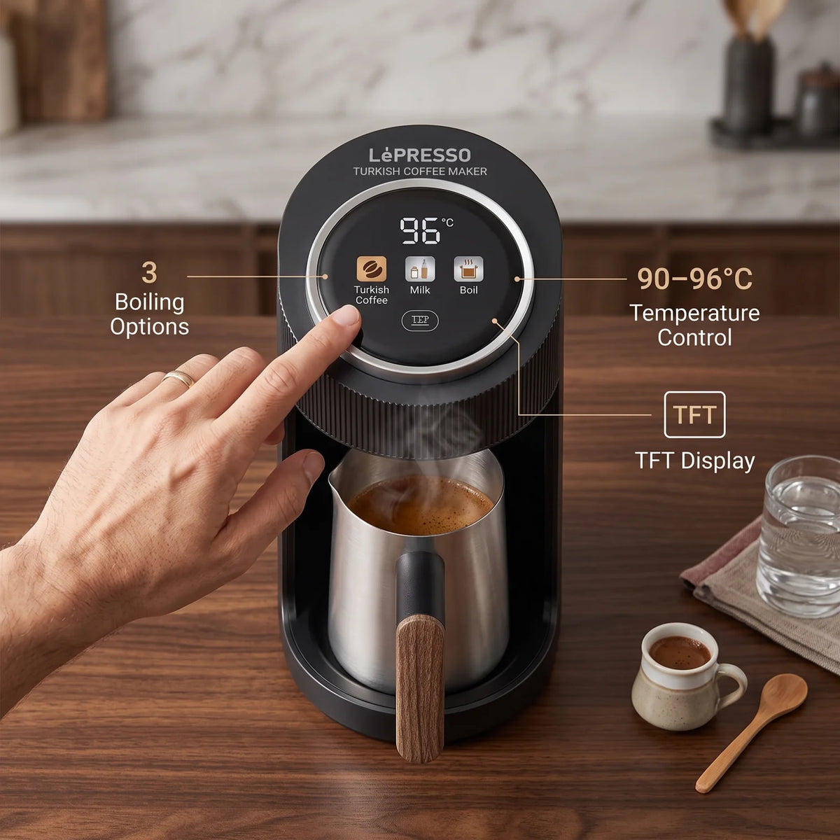 LePRESSO KAHVIYAN TURKISH COFFEE MAKER – 3 Boiling Options | 90–96°C Temperature Control | TFT Display | Coffee, Milk & Water Boiling