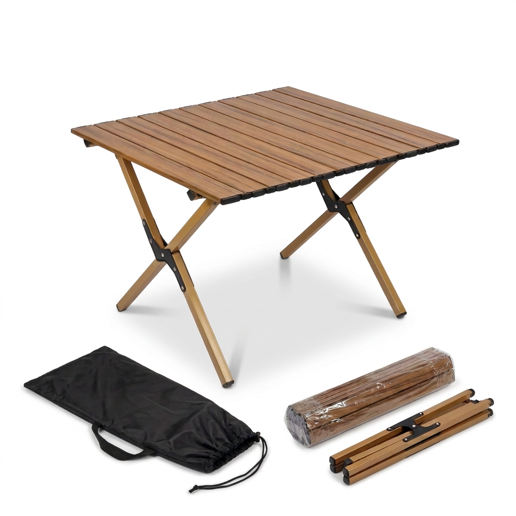 Portable Folding Roll-Up Alluminium Alloy Camping Table – Wood Effect, 44 x 58 x 60 cm | Slatted Picnic Table