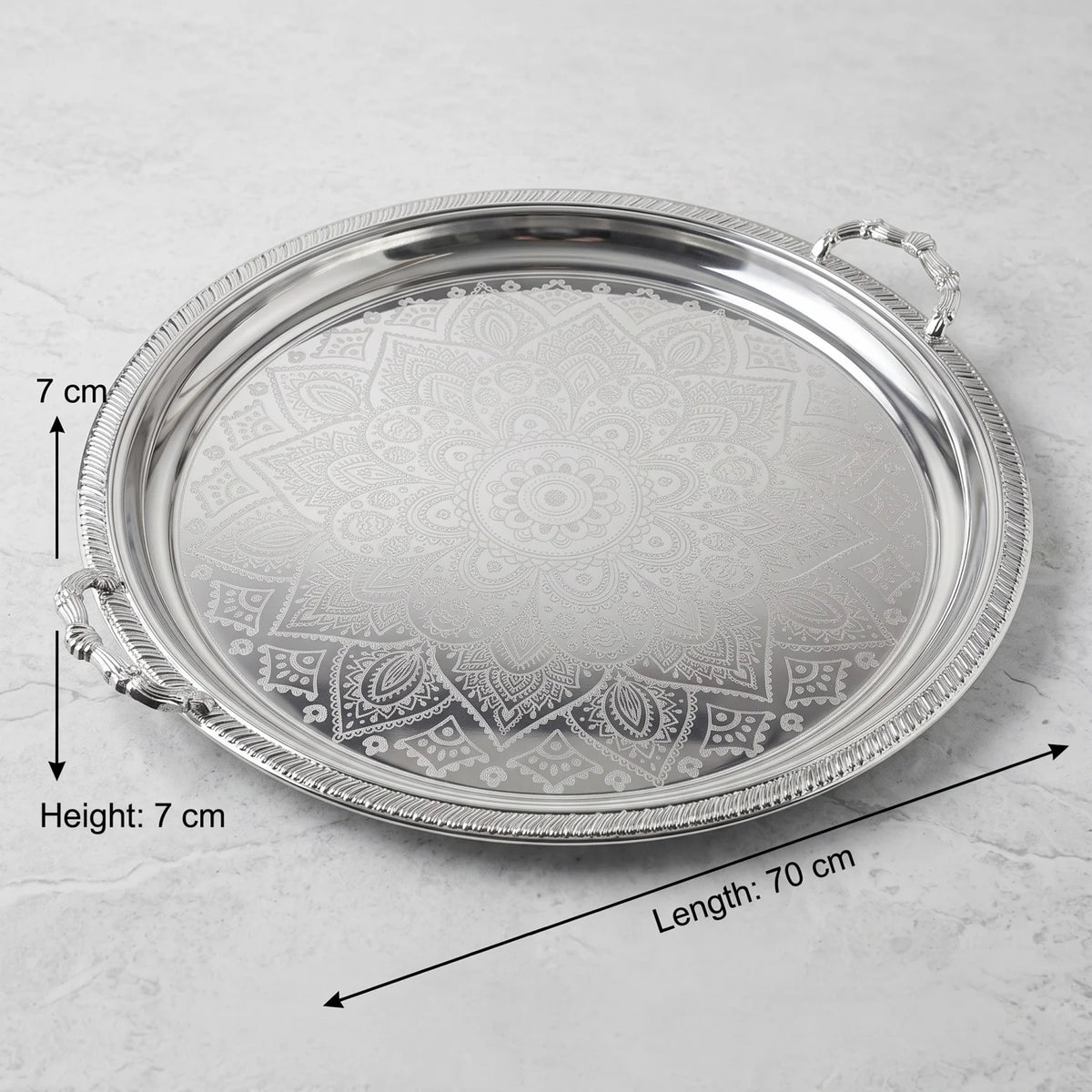 M.E.W Round Stainless Steel Serving Tray – Large & Extra Large | Mandala Floral Pattern | Decorative Handles | Silver, Gold & Silver - Gold - Silver / Extra Large - Image 2