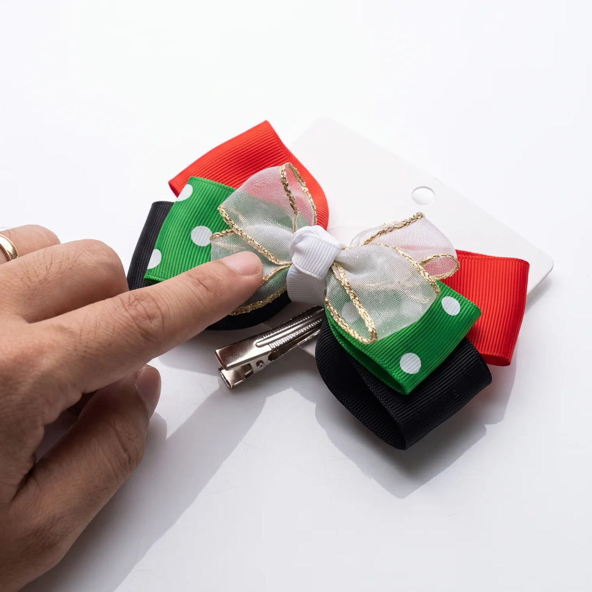 UAE Color Hair Clip – Red, Green, Black, Silver and Gold Layered Bow for United Arab Emirates National Day and Flag Day