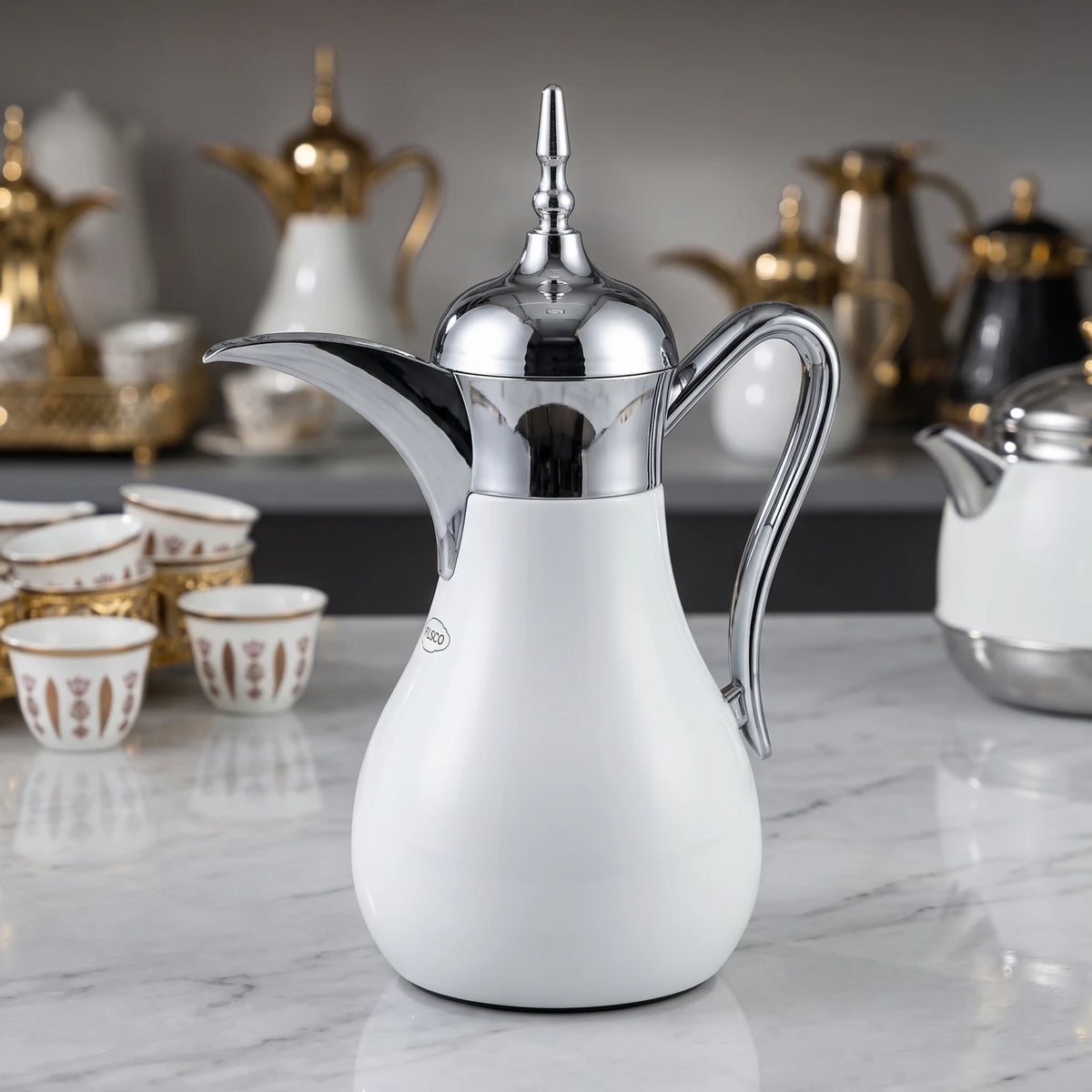 PILSCO Stainless Steel Arabic Coffee Flask 0.7L – 12-Hour Hot, 24-Hour Cold, Leak Proof, Pink Glass Interior - White - Silver - Image 2