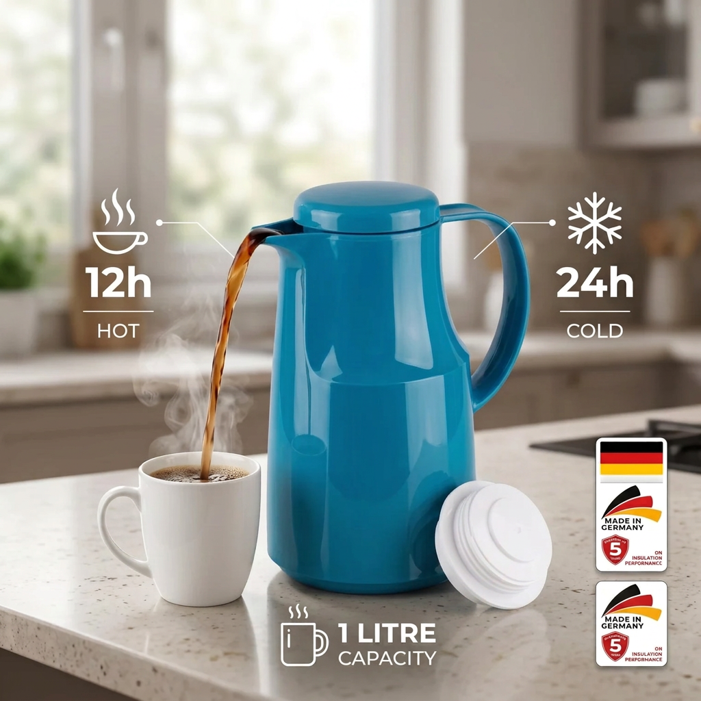 Markutec Vacuum Flask 1 Liter – Peacock Blue Plastic Body | Pink Glass Interior | Leak Proof Tea and Coffee Flask