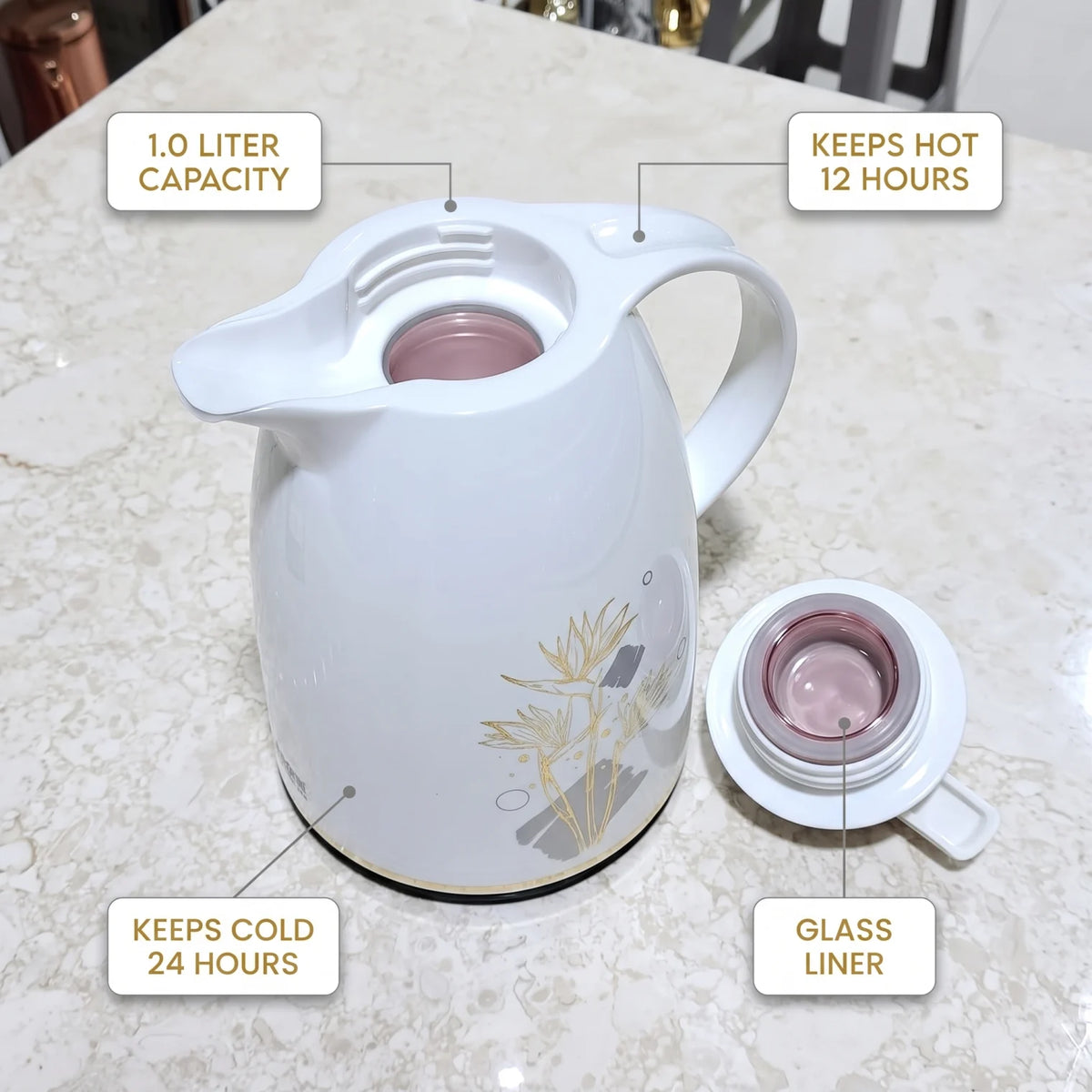 Regal White Vacuum Flask 1.0 Liter – Luxury Floral Design | Leak Proof | Keeps Hot 12 Hours and Cold 24 Hours
