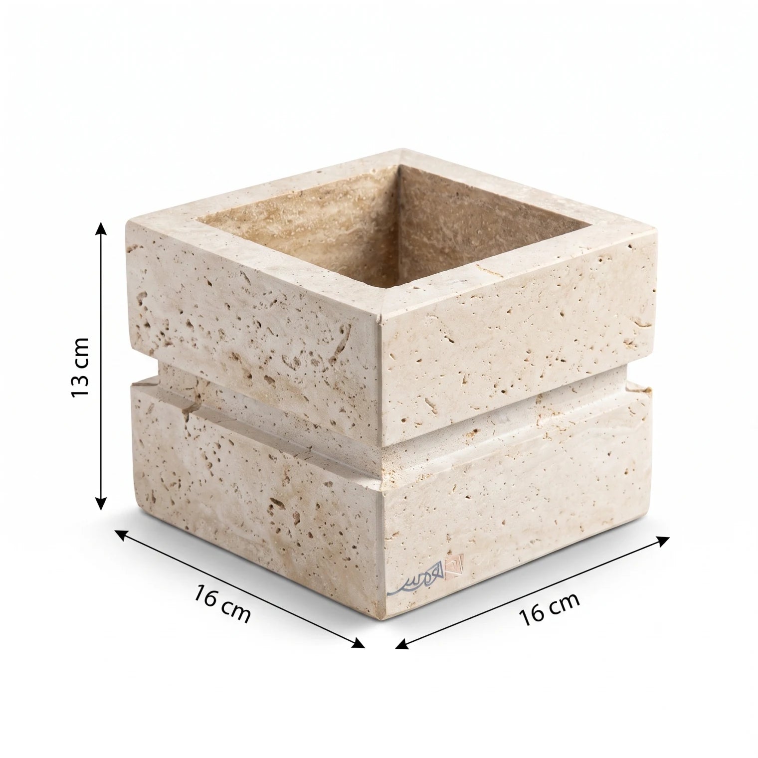 Natural Stone Travertine Vase – 13 x 16 x 16 cm | Off-White & Beige | Square Open-Top Design | Textured Home Décor