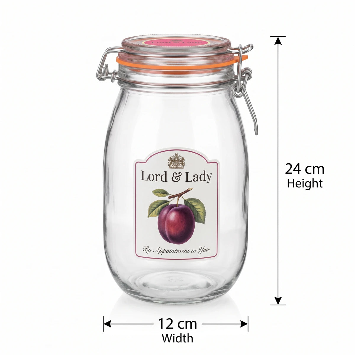 Lord & Lady Oval Glass Storage Jar – 24cm Height, 12cm Width | Airtight Lockable Clamp Lid | Clear Glass with Metal Clasp and Coloured Seal