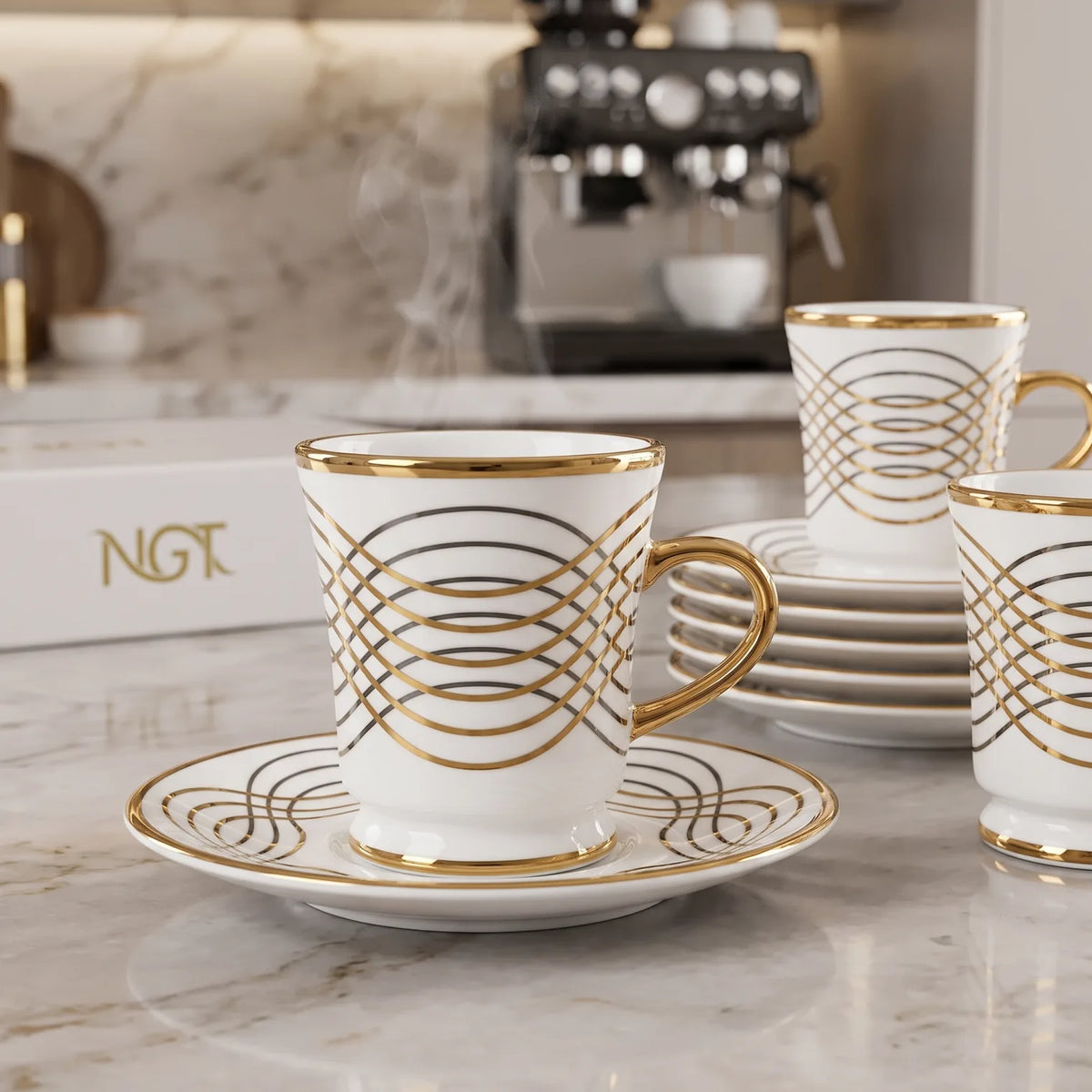 NGT 12 Pieces Fine Porcelain Cups and Saucers Set – 6 Cups & 6 Saucers | White Gold and Black Detail | Tea and Coffee Serving
