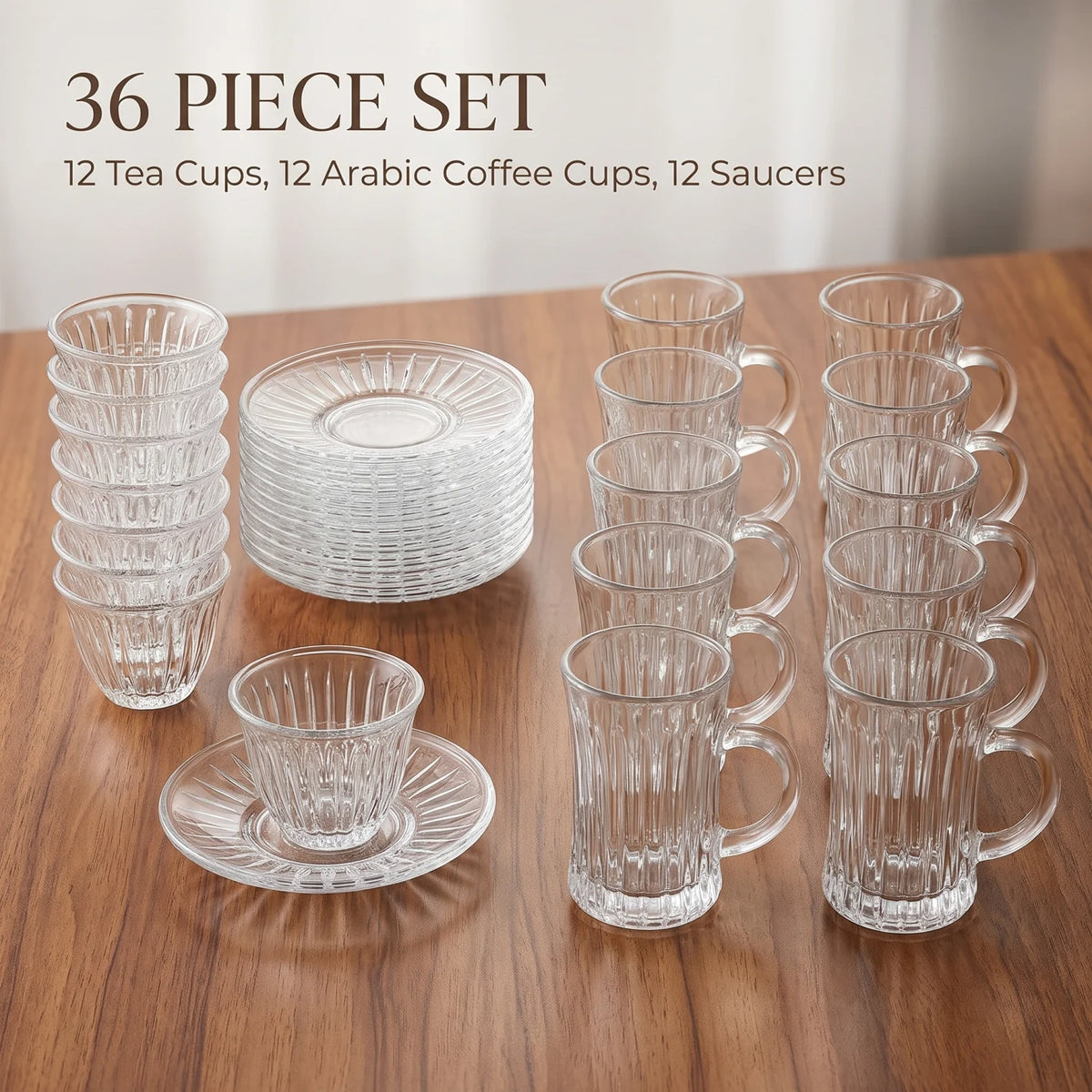 Golden Home 36-Piece Glass Cups and Saucers Set – 12 Tea Cups, 12 Arabic Coffee Cups, 12 Saucers | Clear Ribbed Design for Serving