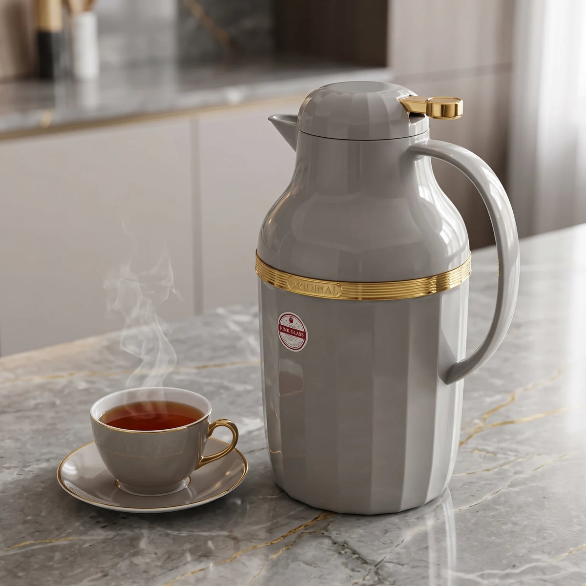 HAMID Grey and golden vaccum flask – 2.0 Liters | Leak Proof | Keeps Tea and Coffee Hot or Cold
