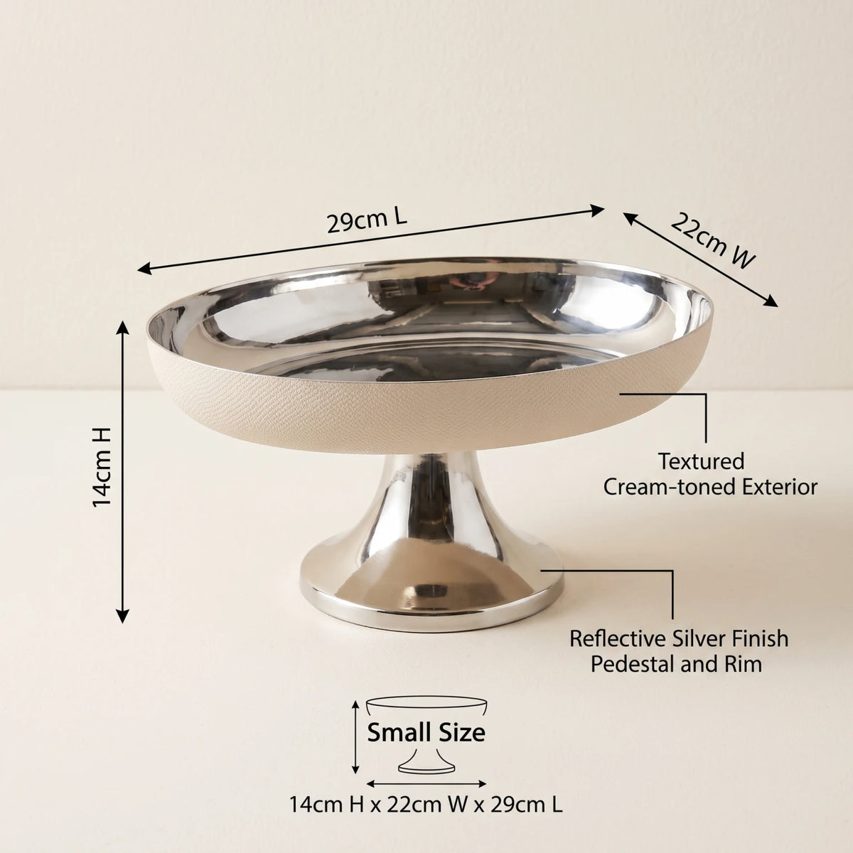 Cream Metal luxury stand (small) – 14cm H x 22cm W x 29cm L | Raised Cake Stand | Silver and Beige Finish