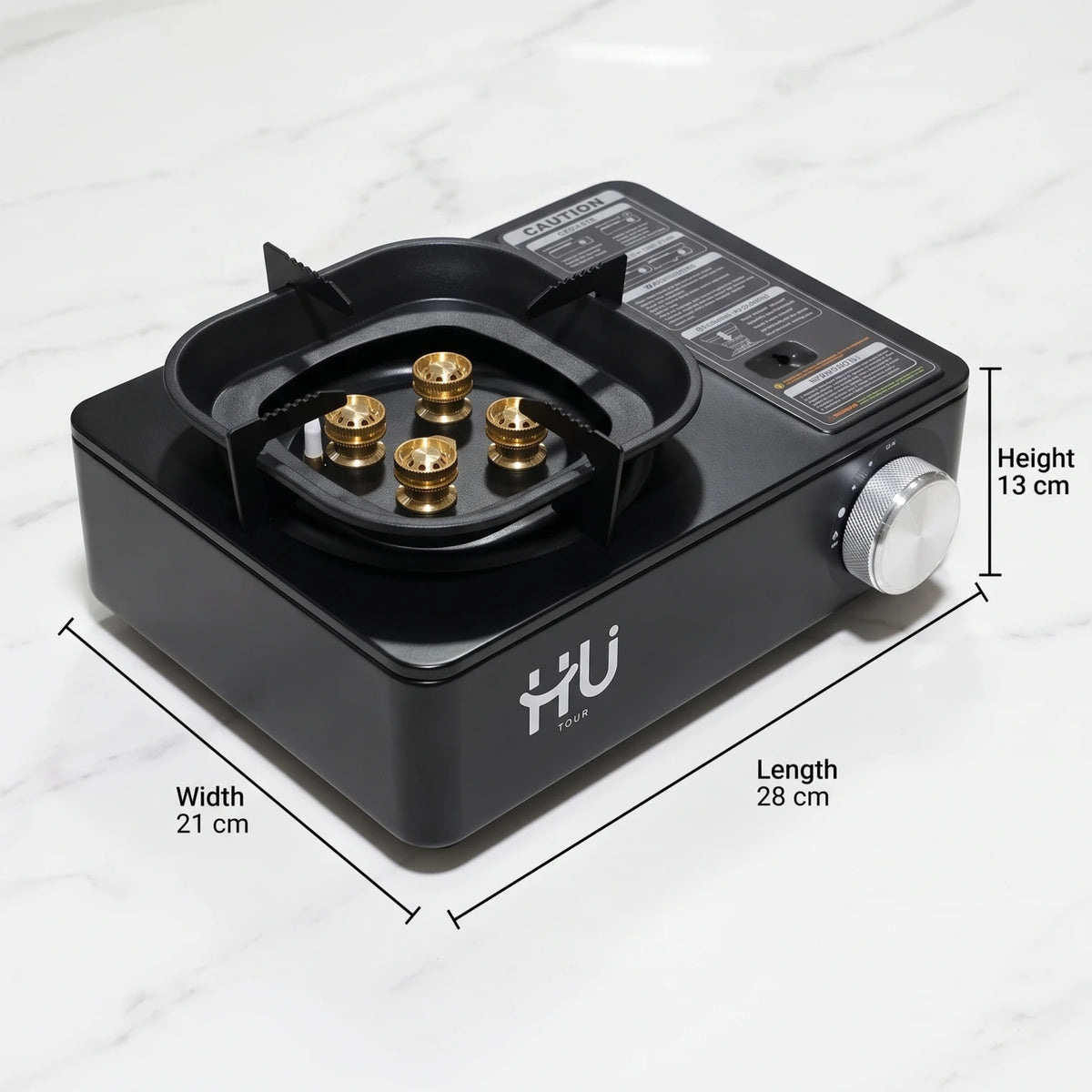 HU TOUR Portable Gas Stove Black – 28 x 21 x 13 cm | Burner Assembly, Pot Supports and ON/OFF Control Knob | Portable Cooking Stove