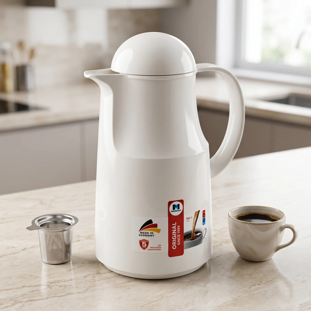 Markutec German-Made White Vaccum Flask 1 Liter – Leak-Proof Insulated Thermal Carafe for Tea and Coffee