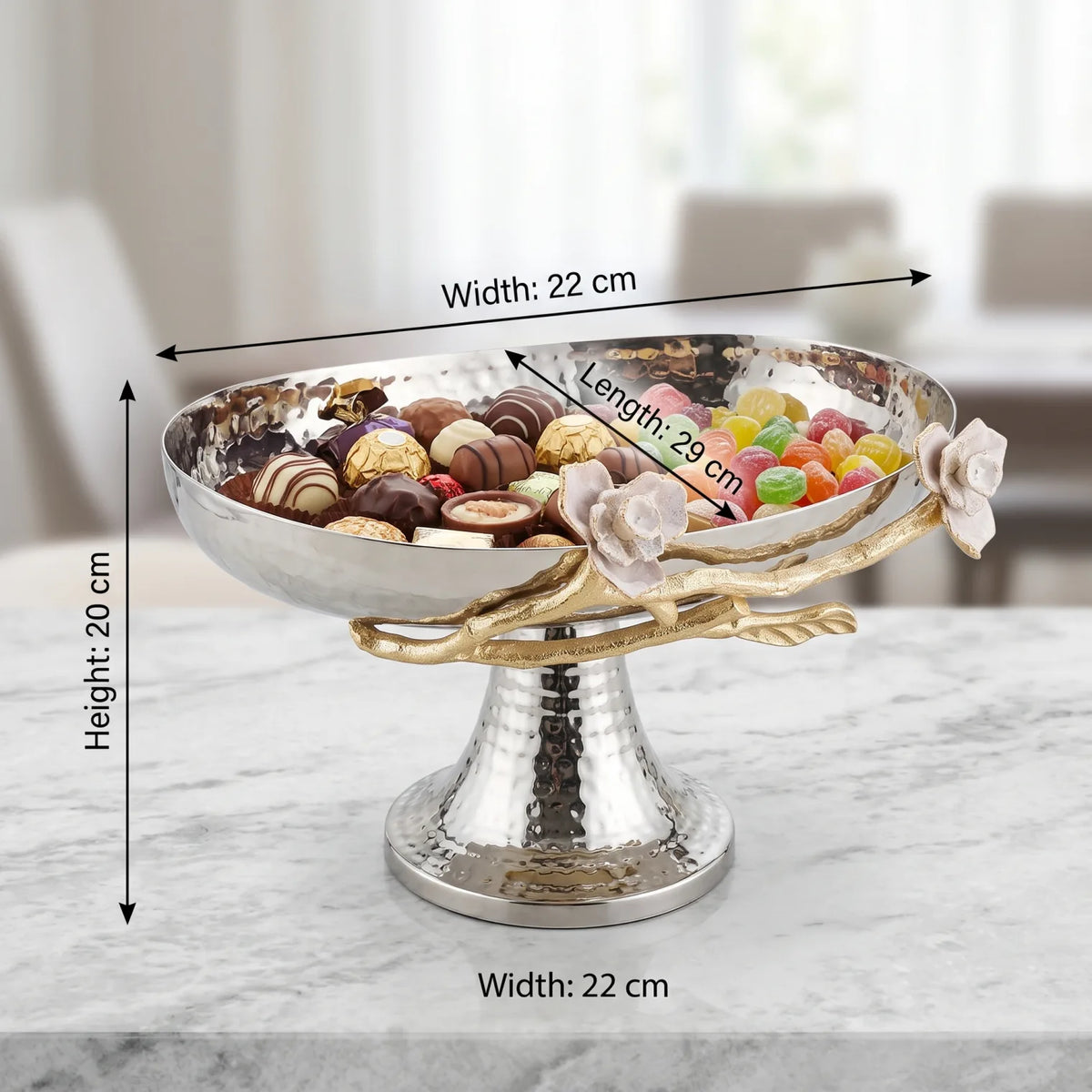 Silver Metal Oval Plate with Base – Gold-Toned Branch and White Floral Accents | Decorative Pedestal Serving Tray Stand
