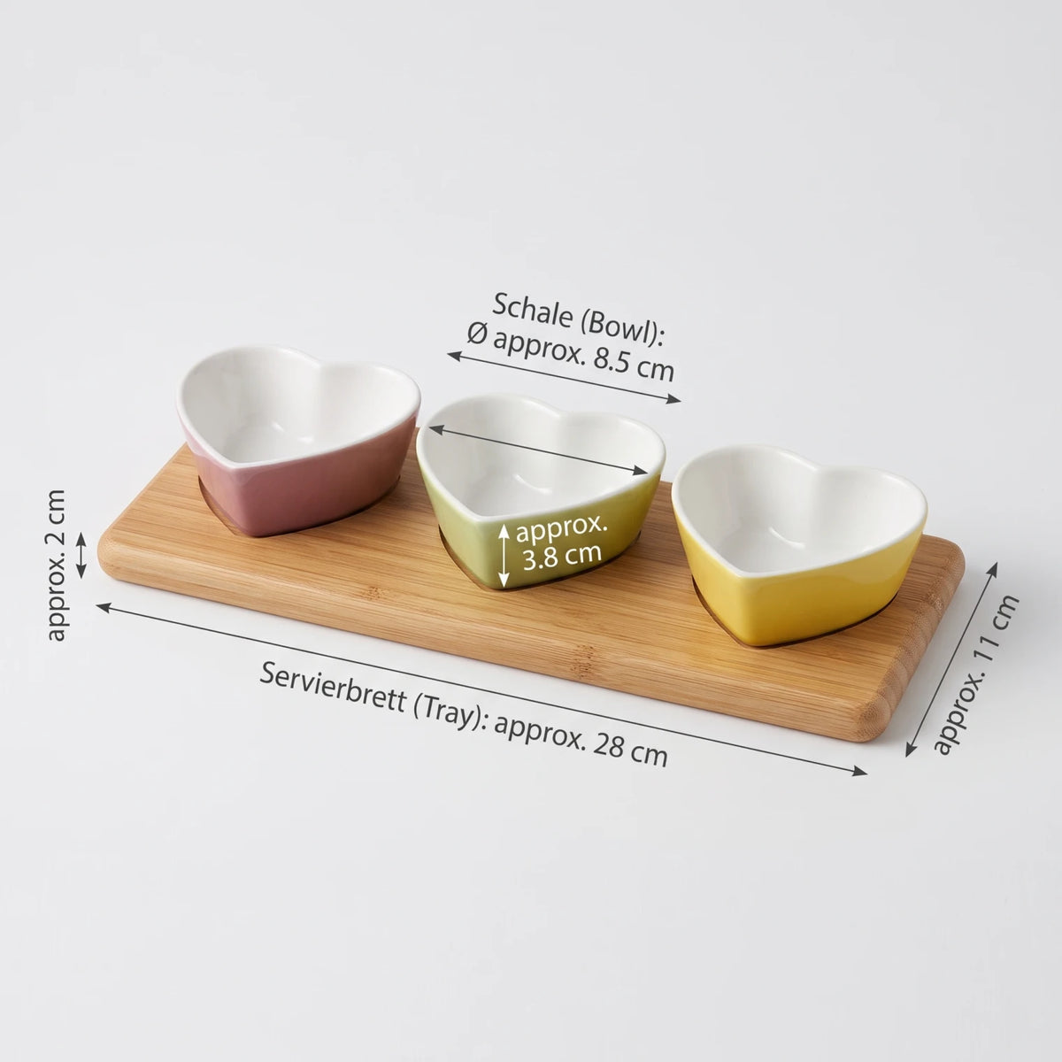 4-Piece Heart-Shaped Ceramic Bowl Set with Wooden Tray – Red, Green & Yellow Serving Bowls with Glossy White Interiors