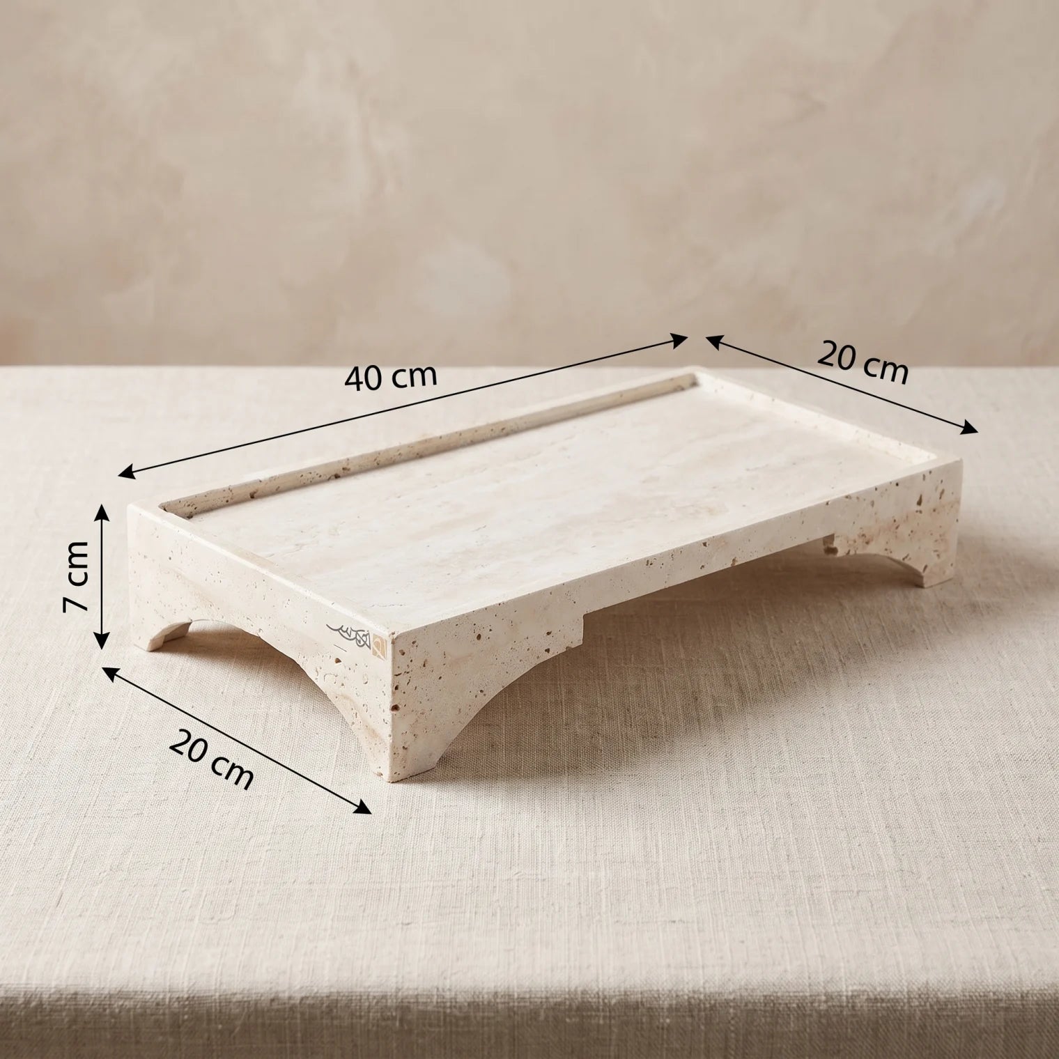 HAMS Natural Travertine Stone Tray Stand – 40cm with Raised Edges | Off-White Decorative Serving Stand