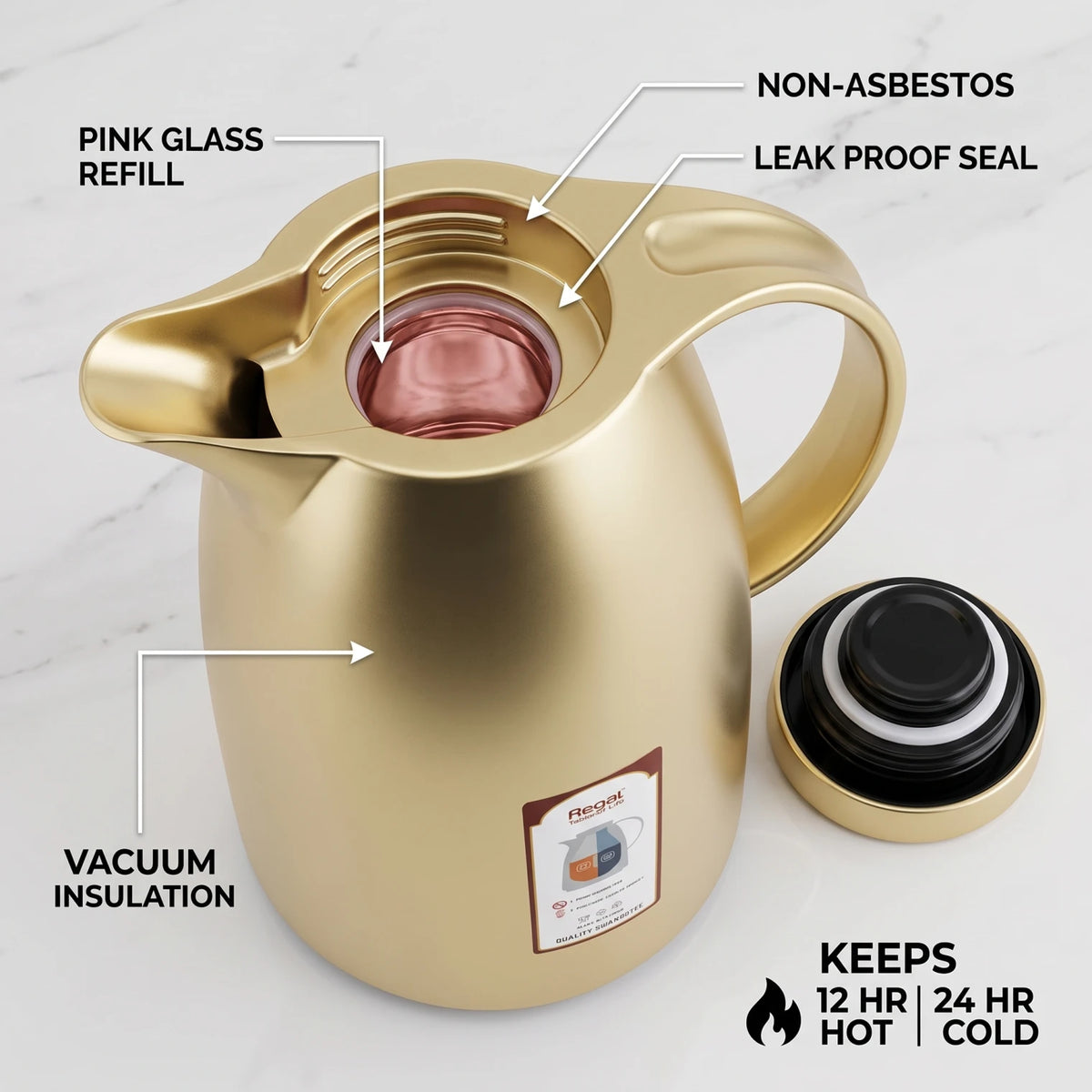 Regal Stainless Steel Vacuum Flask 1.5 Liters – Leak Proof | 12 Hours Hot, 24 Hours Cold | Pink Glass Refill for Tea and Coffee - Matte Gold - Image 2