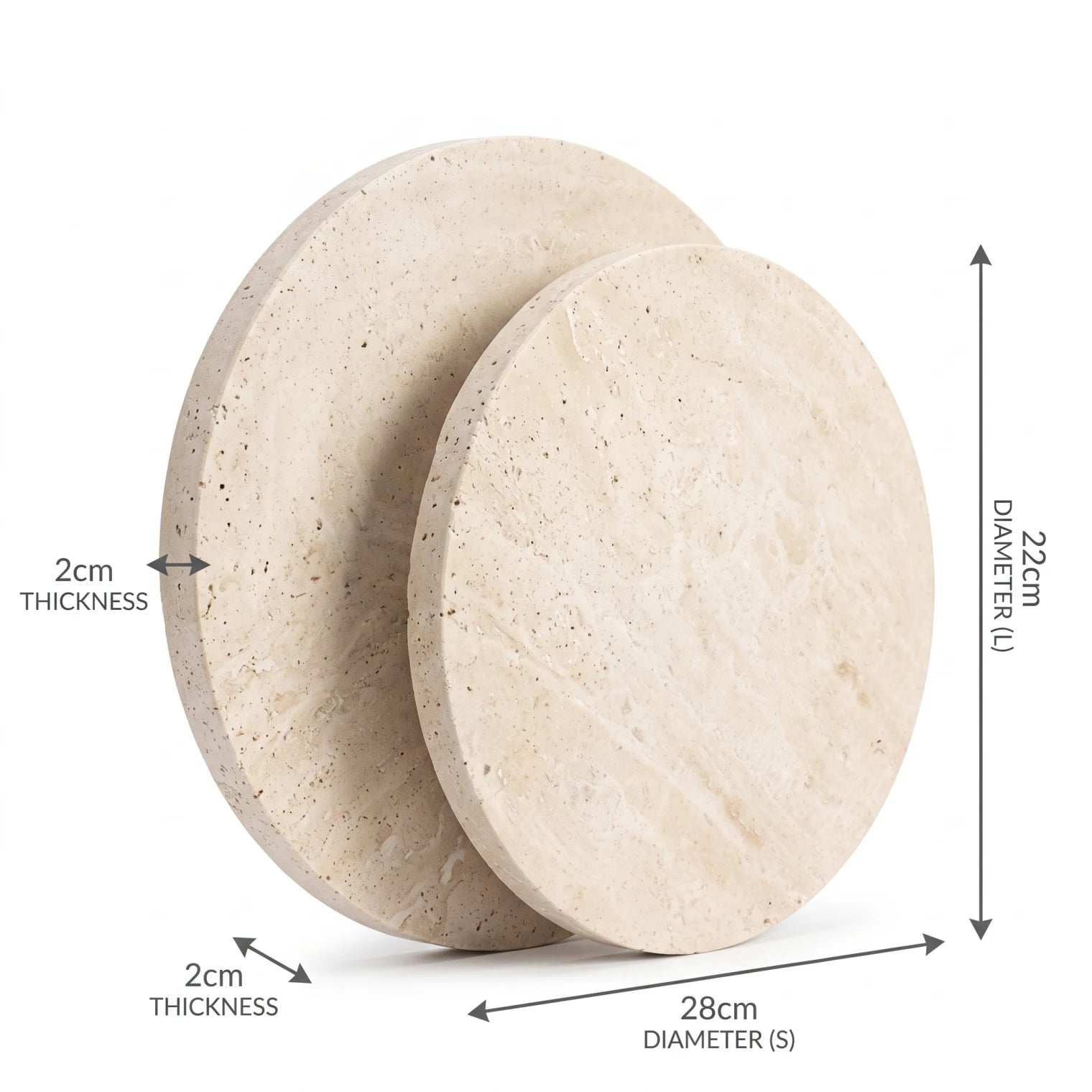 Round & Hilal Natural Travertine Stone Coaster – 2-Piece Set | Cream Tone | Textured Surface | 2cm x 22cm x 28cm