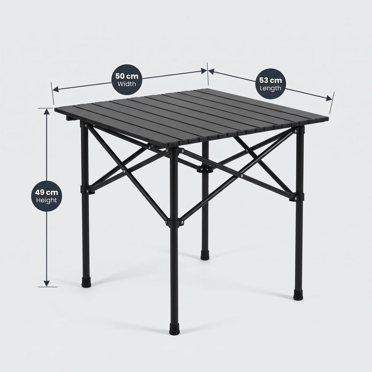 HU TOUR 53 Egg roll table black – Portable Folding Table | Slatted Top, Folding Legs, Support Braces & Rubber Feet | 53 × 50 × 49 cm