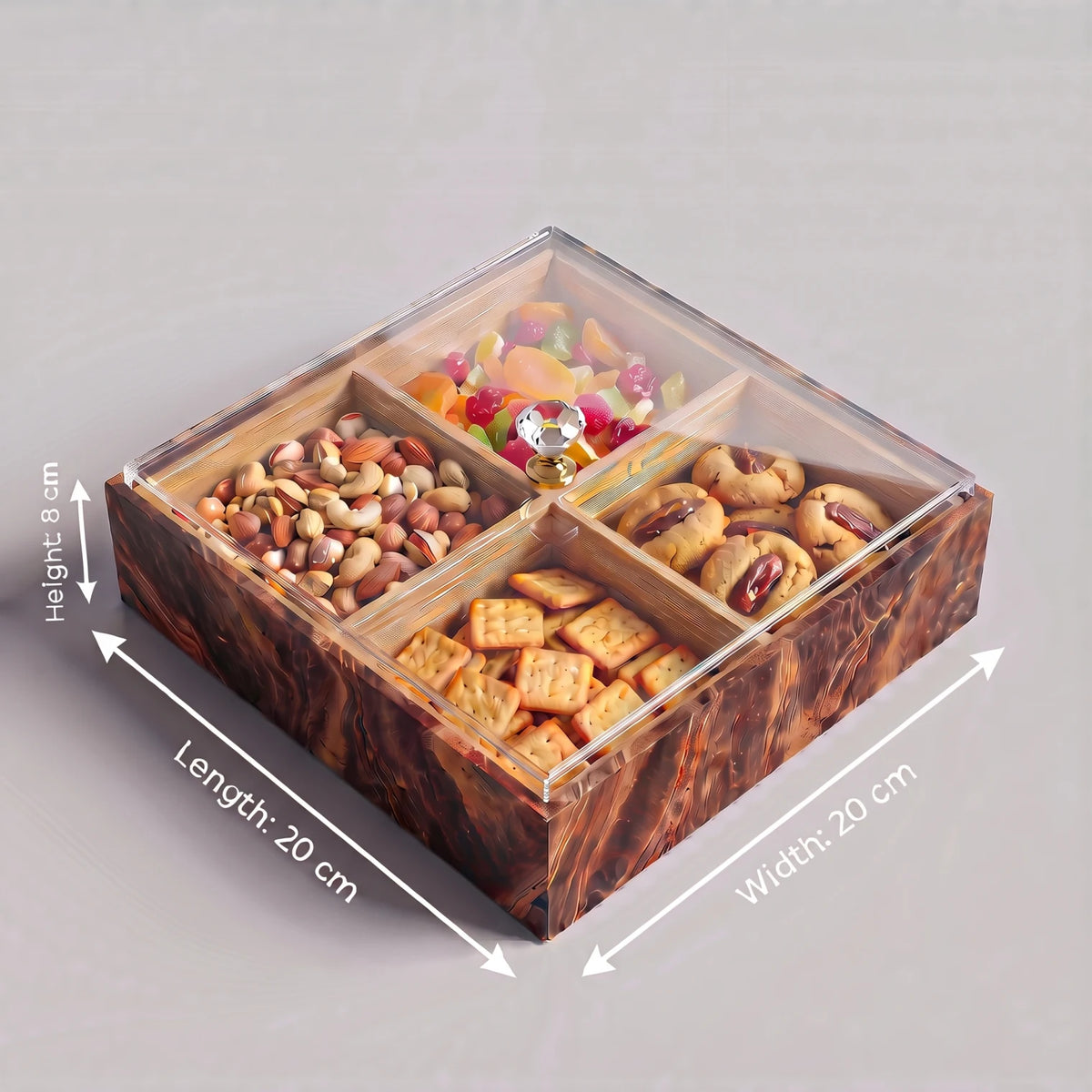 4-Compartment Divivded MDF Snack Fruit Serving Box – 20 x 20 x 8 cm | Clear Lid | Crystal Knob | Snack and Fruit Storage