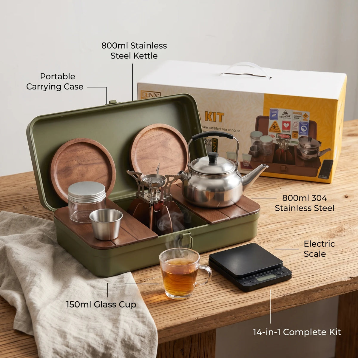 DENK 14 IN 1 Tea Kit DX4206 – High Borosilicate Glass Tea Set, High-Temperature Resistant, Easy to Clean, with Carrying Case for Home and Travel