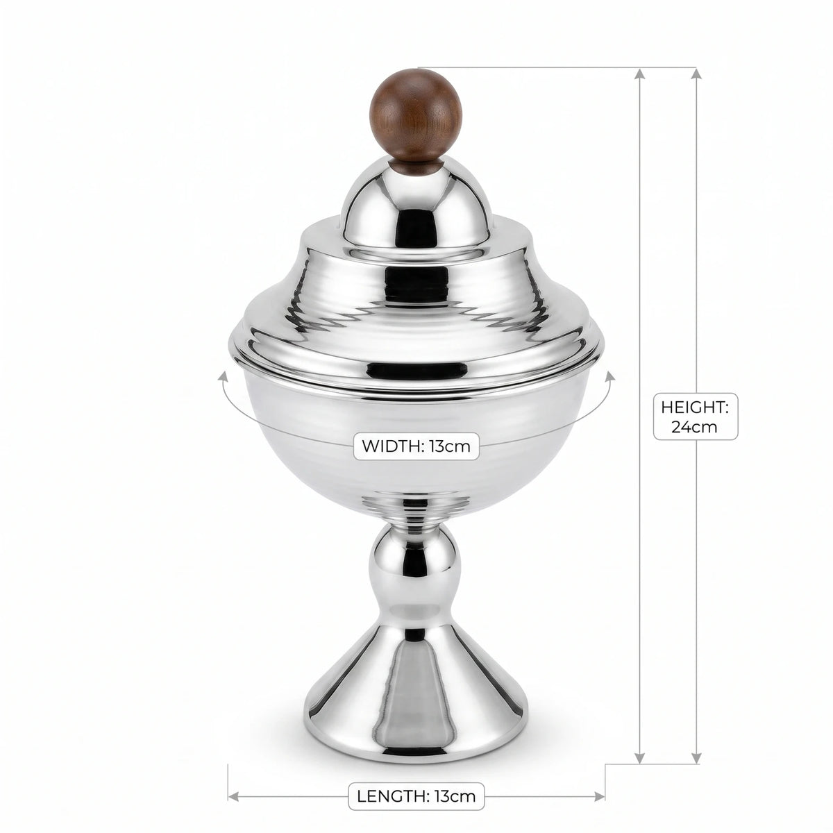 Silver Metal Sugar Bowl with Pedestal Base and Wooden Knob – 24cm Decorative Tabletop Sugar Container