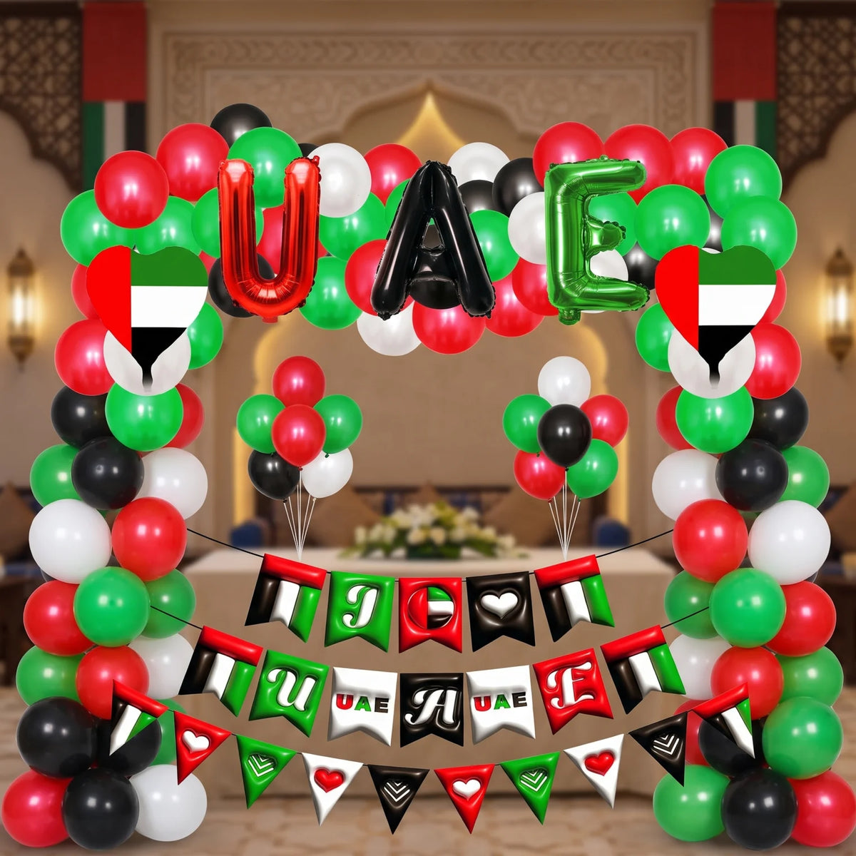 UAE national day baloon set – Red, Green, Black & White Balloons with UAE Letter Balloons and Flag Bunting