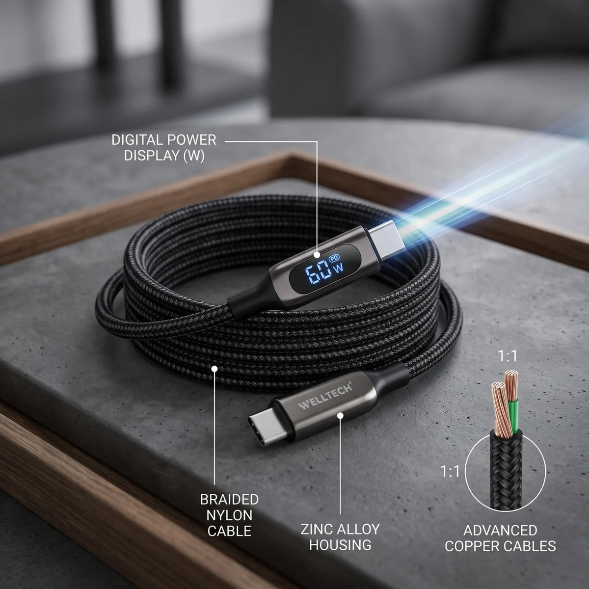 W’ELLTECH ZINC CABLE USB-C to USB-C 1000MM – 60W Power Delivery Fast Charging & Sync, Braided Black Cable for Compatible Devices