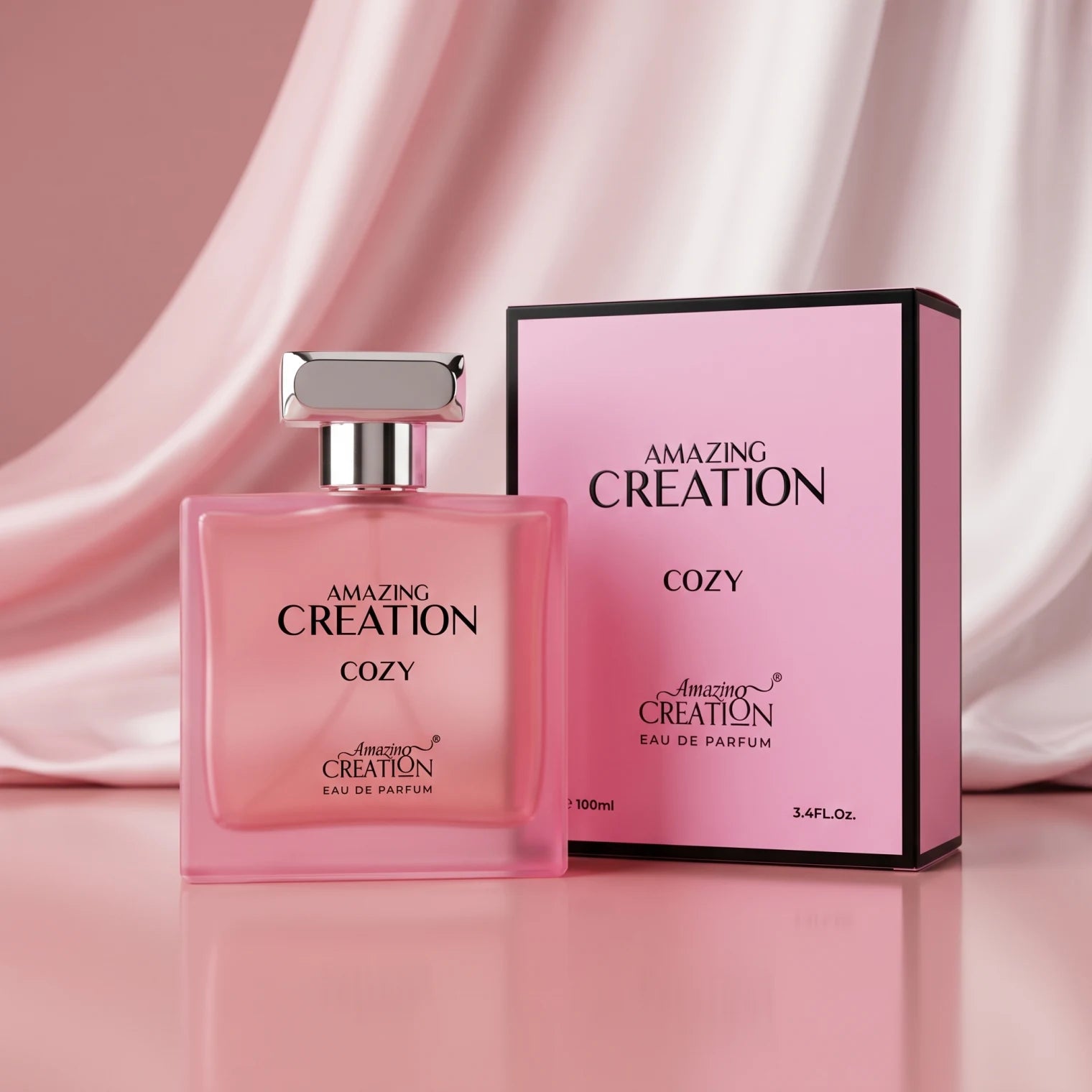 Amazing Creation Cozy Eau de Parfum 100 ML – Pink Rectangular Bottle with Metallic Silver Cap