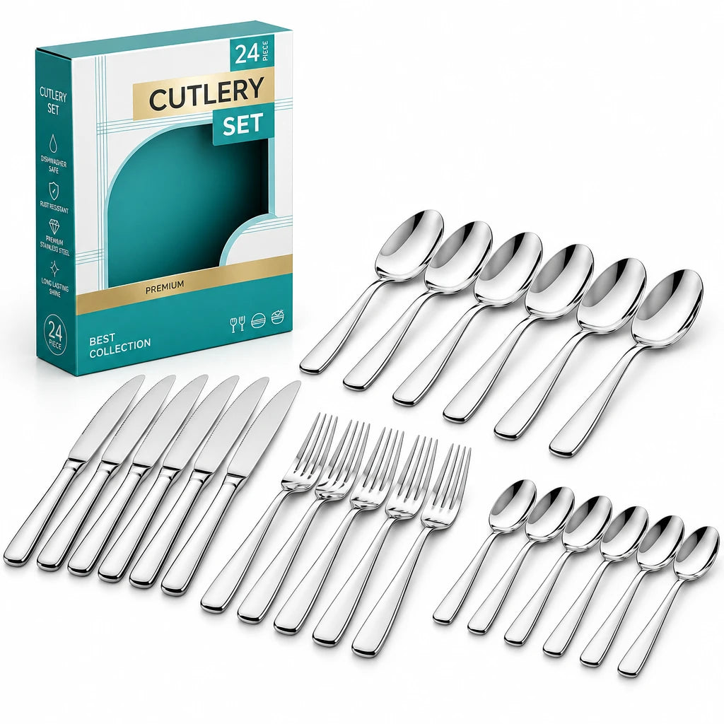 24 Pieces Stainless Steel Cutlery Set – Black and Silver | Forks, Knives and Spoons for Tableware