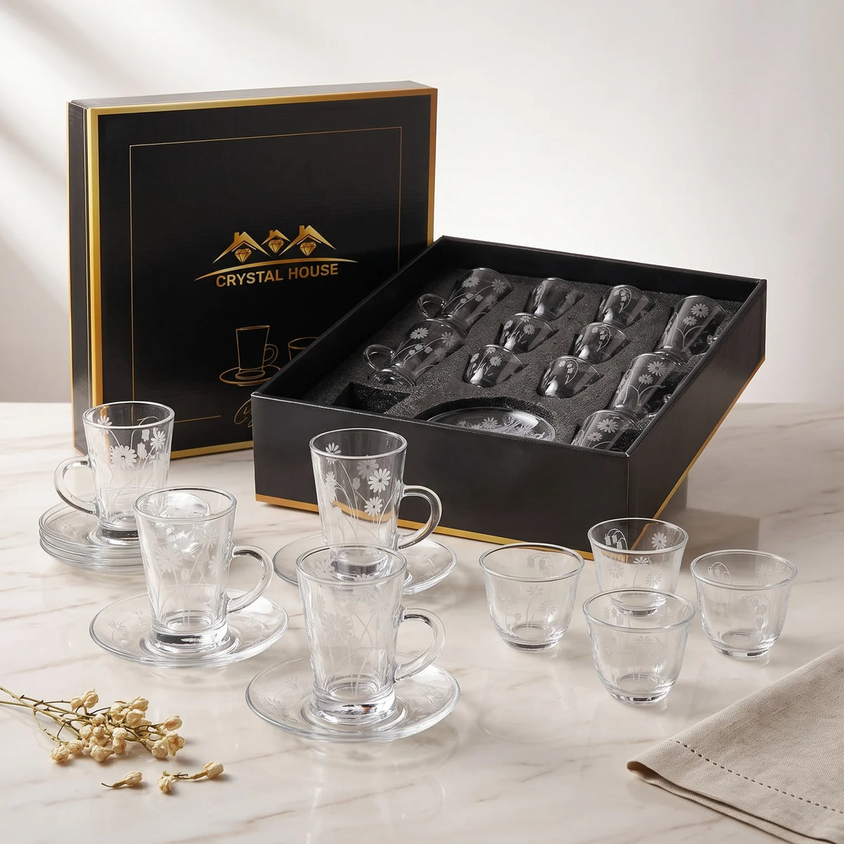 LITAIRE Crystal House 18-Piece Glass Tea & Arabic Coffee Set – 6 Tea Cups, 6 Saucers, 6 Coffee Cups with Floral Design and Presentation Box