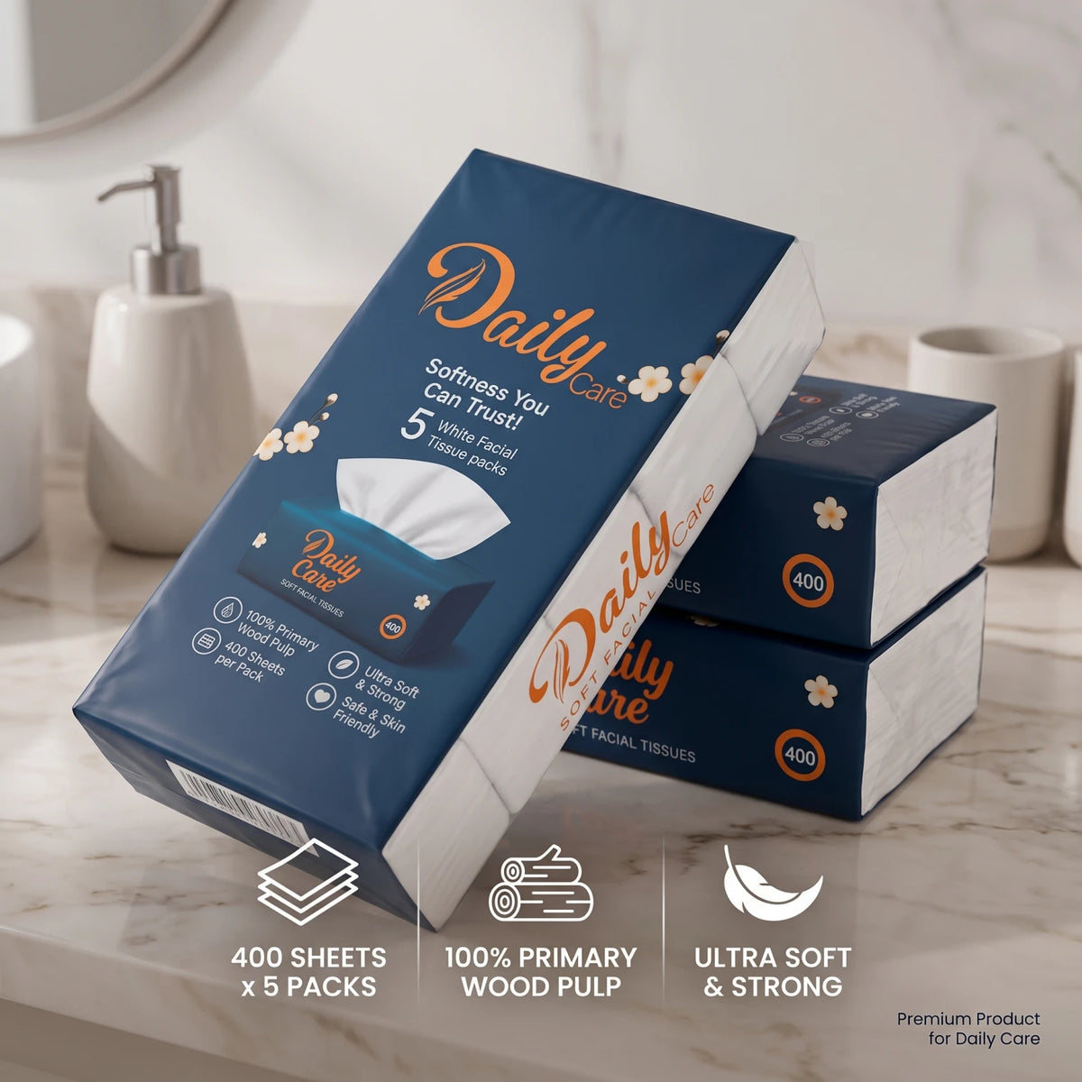 Daily Care Soft Facial Tissues – 5 Packs, 400 Sheets Each | White 100% Primary Wood Pulp | Ultra Soft & Strong | Skin-Friendly Facial Tissue