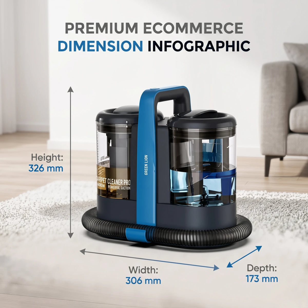 GREEN LION Carpet Cleaner Pro – 600W Motor, 15 KPA Suction, 1500 ML Fresh & 800 ML Dirty Tanks, 3.9 FT Hose