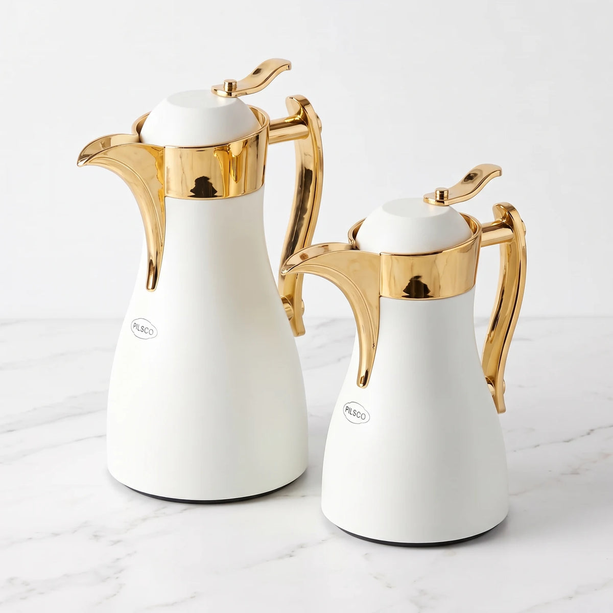 Pilsco 2-Piece White Gold Premium Vacuum Flask Set – Arabic Design, 0.7 + 1.0 L, Leak Proof, Hot & Cold Insulation