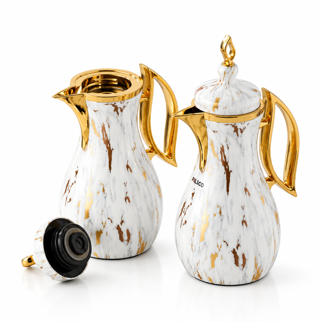 Pilsco 2-Piece Marble White - Gold Decorative Vacuum Flask Set, Arabic Design, Stainless Steel, 1.0 + 1.0 Liters