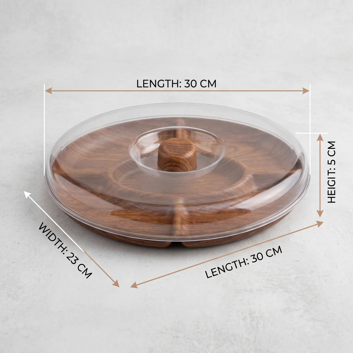 Cake Stand with Domed Cover – 30 x 23 x 5 cm | Clear Cover, Raised Rim & Wood-Grain Presentation Base for Cakes and Desserts