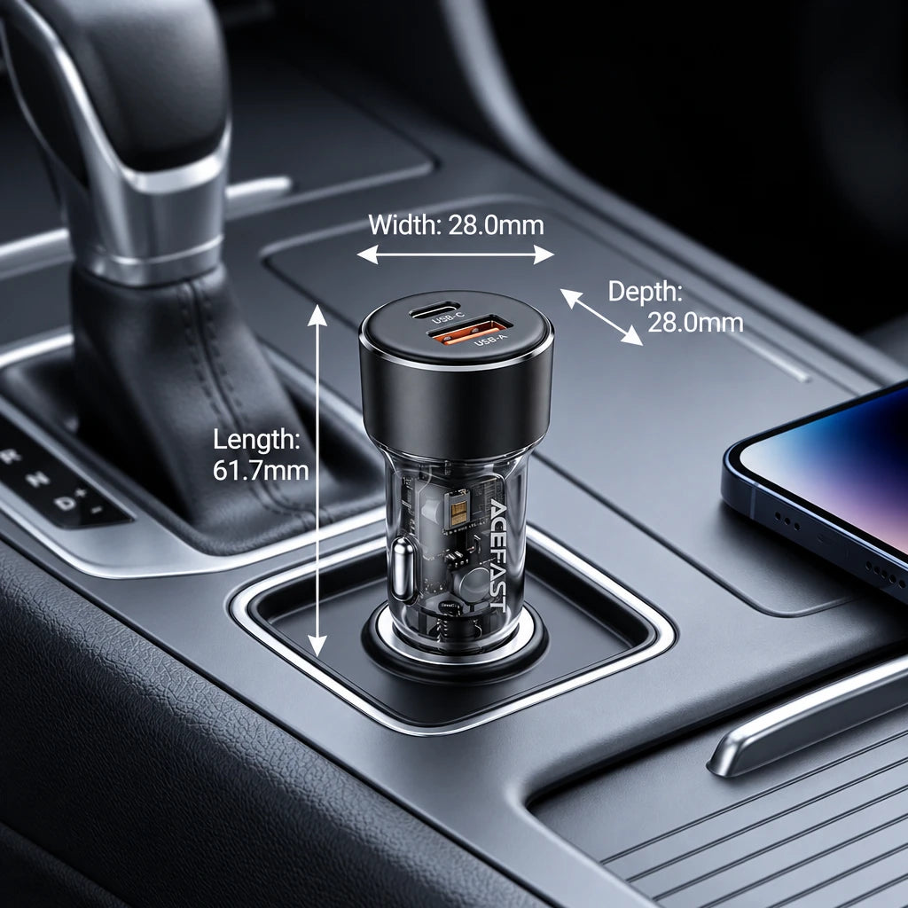 ACEFAST PWRup B12 60W Dual-Port In-Car Car Charger – USB-C + USB-A, 30W Each, Transparent Matte Body for Phones and Tablets
