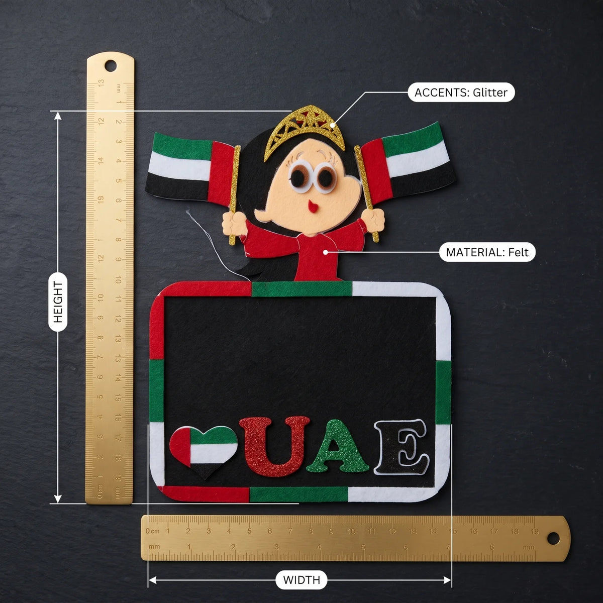 L&A Collection UAE National Day Decoration – Hanging Ornament with UAE Flag Colours, Cartoon Character and Glittery Gold Accents for Festive Displays