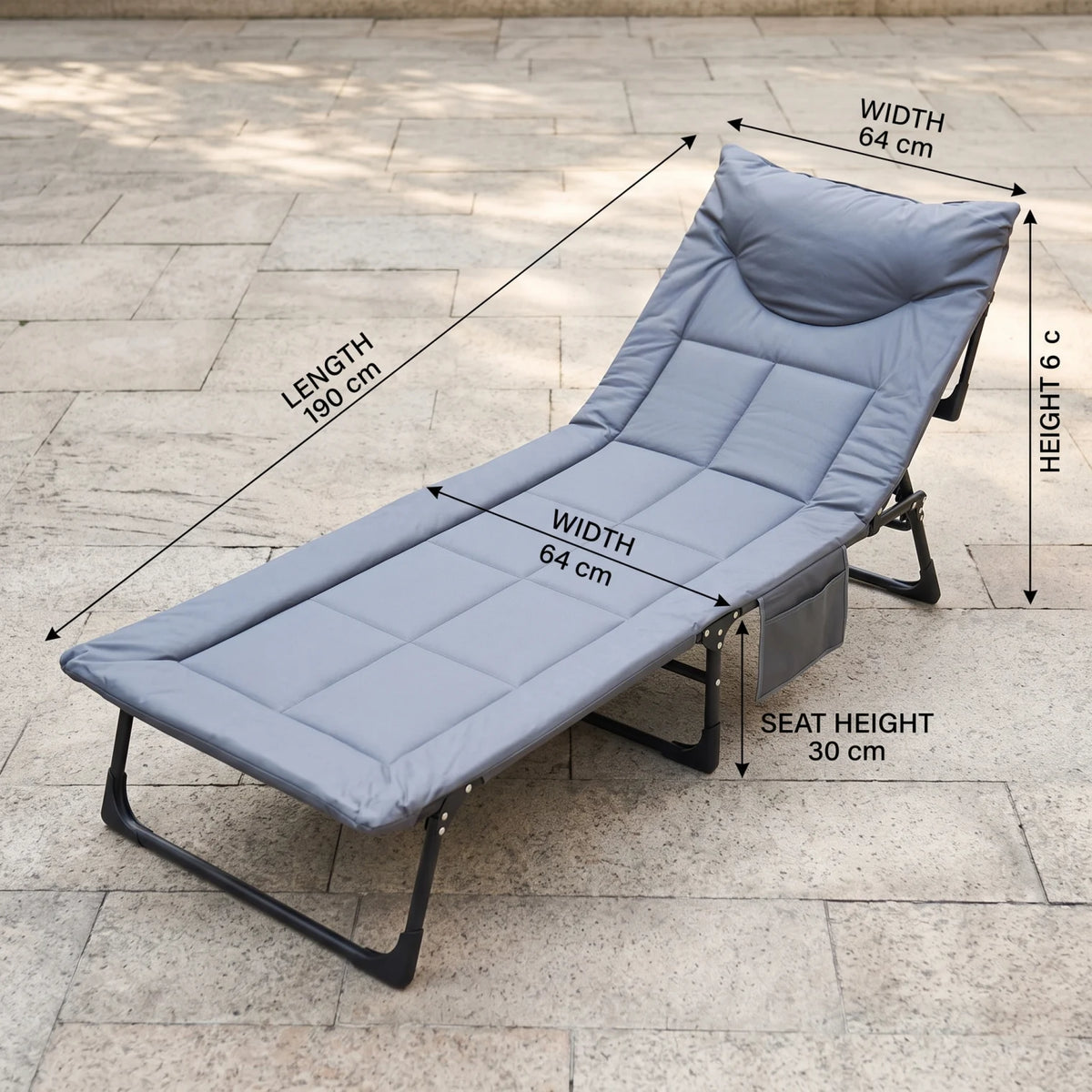 Jiham Foldable outdoor camping Bed – Grey 190cm Folding Cot | Adjustable Reclining Backrest, Metal Frame, Linen-weave or Plain Fabric - Plain - Image 2