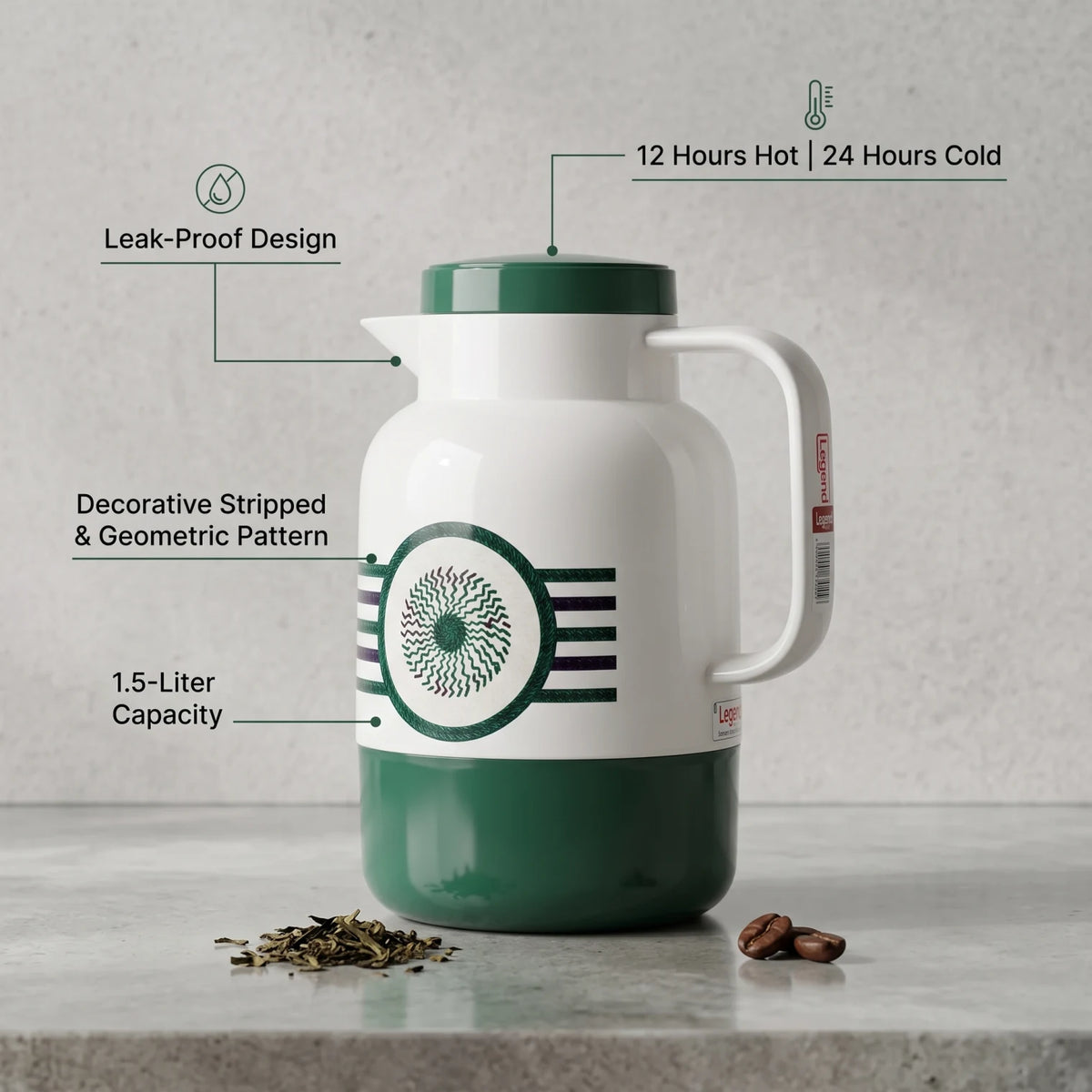 Legend Vacuum Flask 1.5 Liters with Decorative Stripped & Geometric Pattern | Leak Proof Tea and Coffee Flask