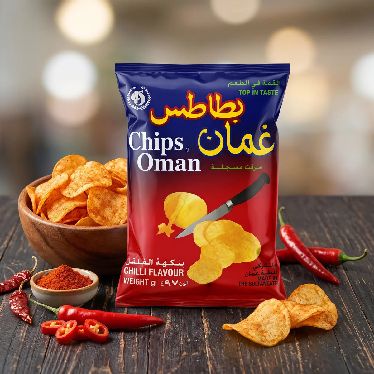 Oman Chips Chilli Flavour 97 g – Spicy Chilli Crisps Snack | Made in Oman | Red and Dark Blue Pack