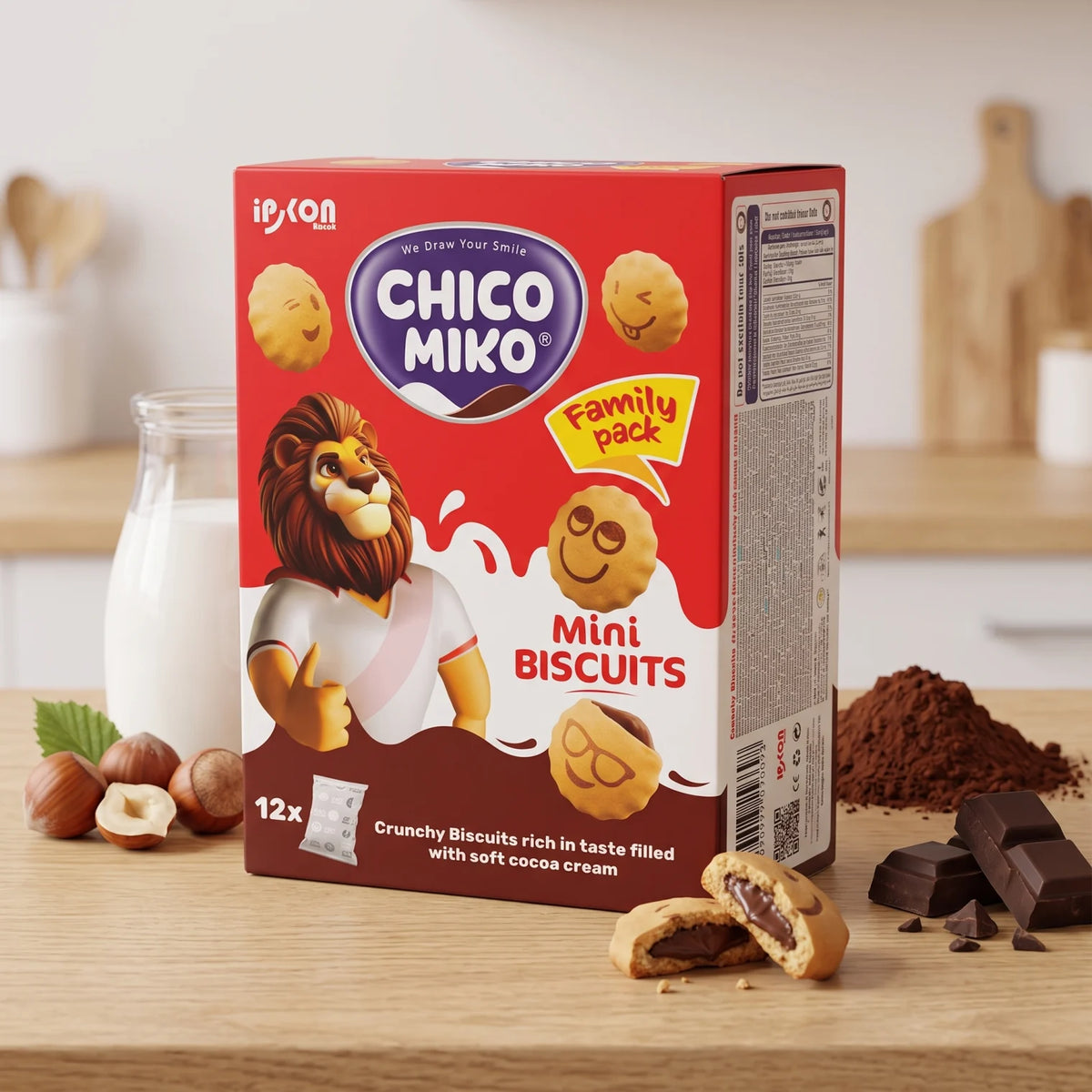 ipkon CHICO MIKO Mini Biscuits 12x Cocoa Cream Filled Family Pack | Crunchy Biscuits Rich in Taste