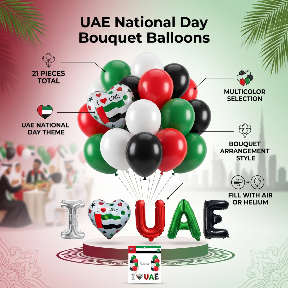 UAE National Day Bouquet Balloons – 21 Pieces | Multicolor Party Balloon Set for Air or Helium
