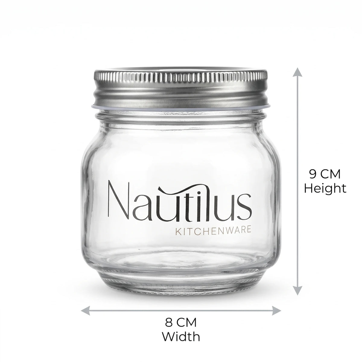 Natilis Glass Storage Jar with Steel Lid – 9 cm Height, 8 cm Width | Clear Cylindrical Kitchen Container with Ribbed Screw Lid