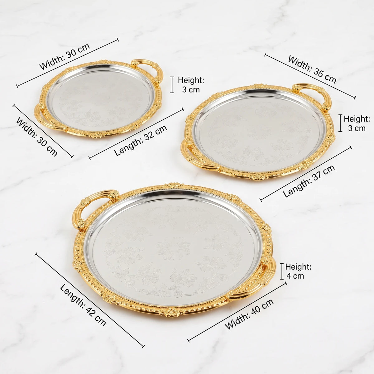Ripple 3-Piece Luxury Metal Serving Tray Set – Ornate Handles, Floral Pattern Centers, Decorative Raised Rims, Small to Large Sizes - Gold - Silver - Image 2